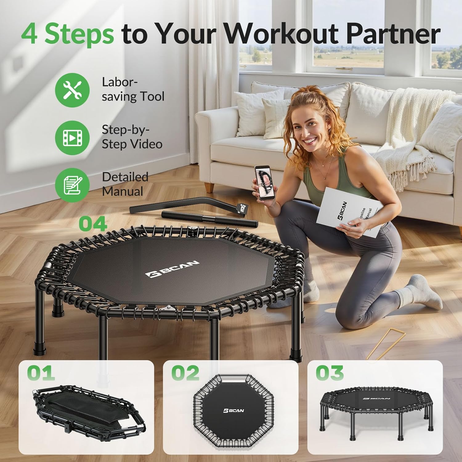 BCAN BT3 51" Octagonal Rebounder Trampoline for Adults, 450LBS Max Load Fitness Trampoline with Large Jumping Area, Silent Bungee Mini Trampoline with T-Adjustable Handle for Home Gym