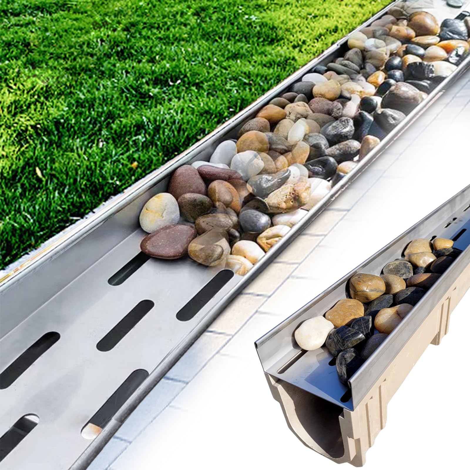 HDZNDH Trench Drain with 304 Stainless Steel Grate,French Drain Kit for Yard,Pebble Filling,Convenient Assembly,for Yard Concrete Garden