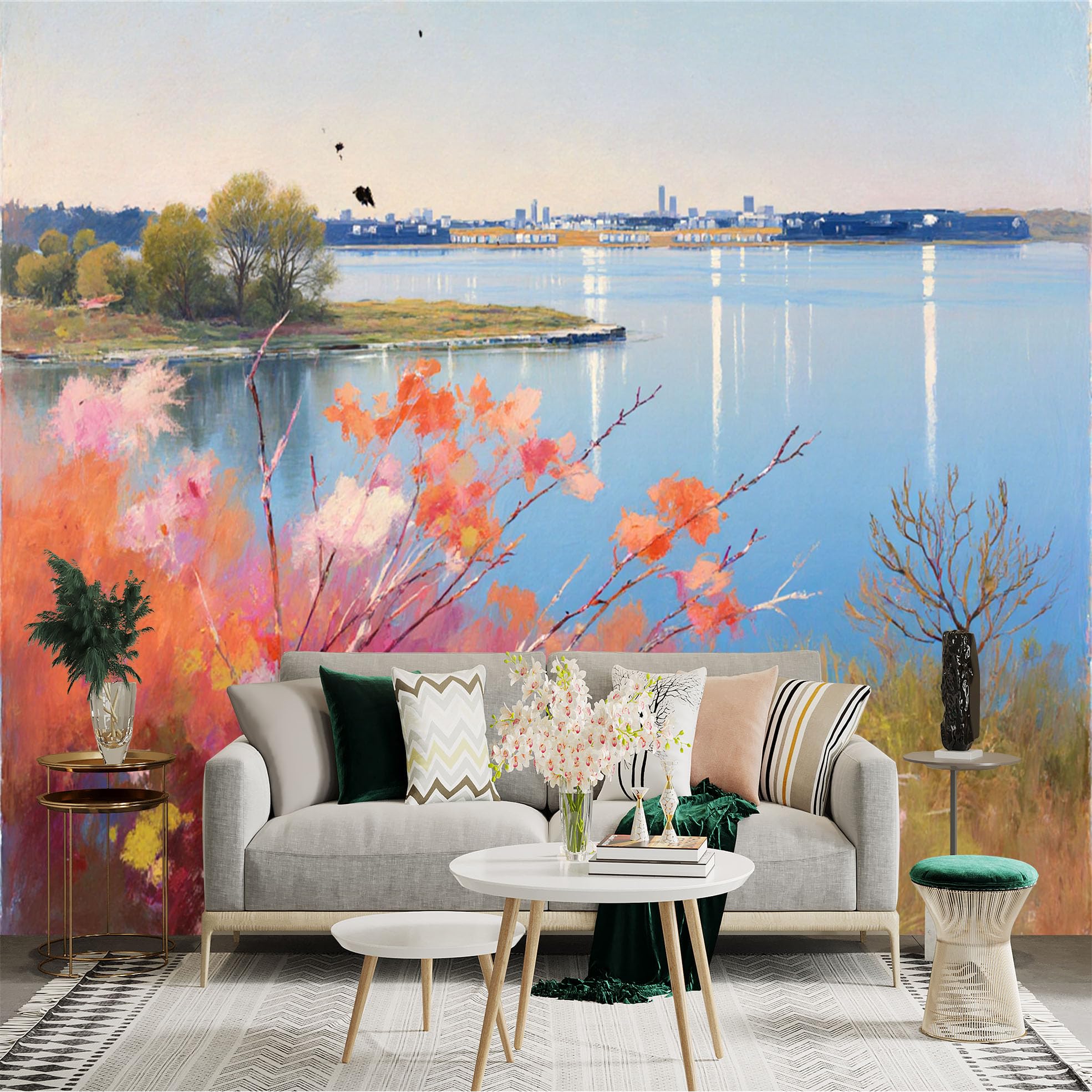 Lnzczhyre Xc260505617 Custom Size Wall Sticker Mural， Impressionist Lakeside Scenery With Vivid Bushes， Calm Water Surface And Distant City Skyline， For Wall Decoration， Peelandstick Wall Decals.