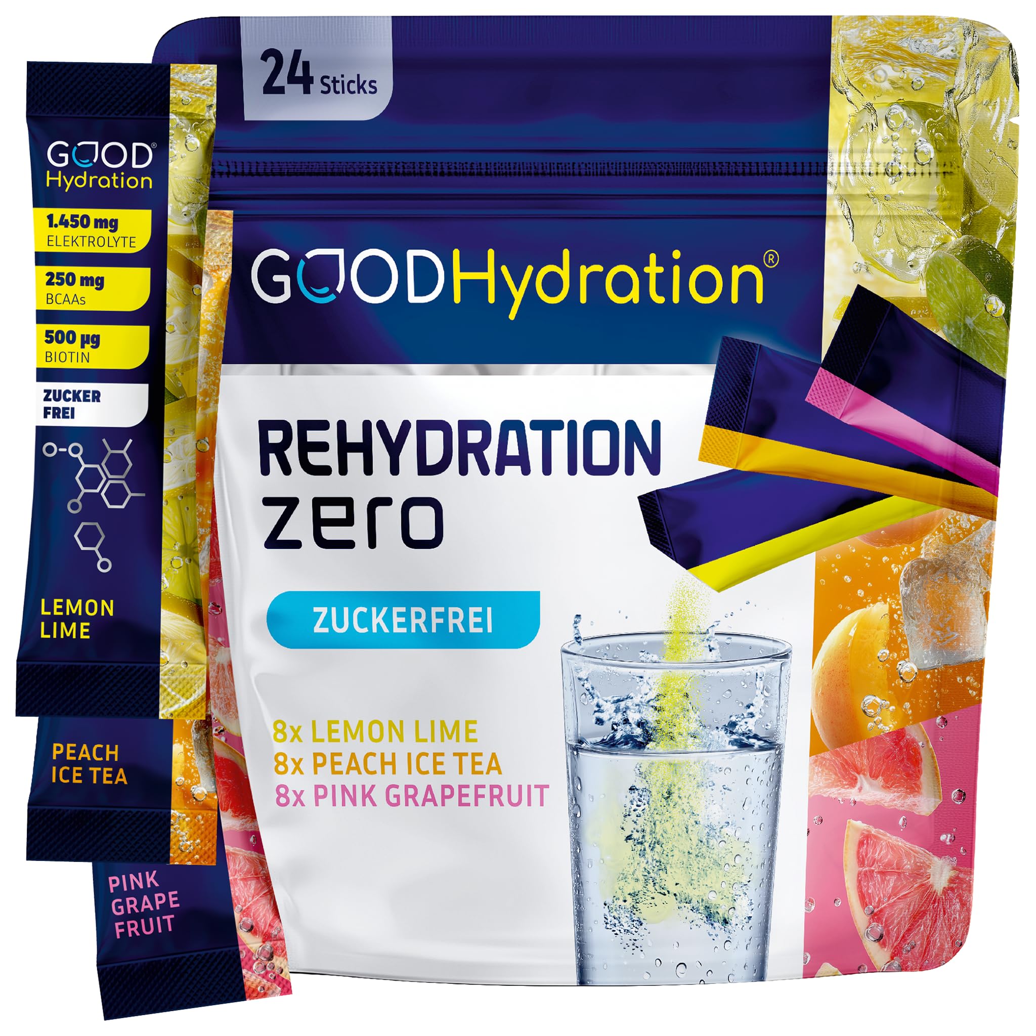 Rehydration zero VARIETY PACK - 1.450mg Elektrolyte OHNE ZUCKER plus BCAA, Biotin und 6 Vitamine - Elektrolyt Pulver für Sport, Arbeit & Party - Probierpack mit 3 Sorten - 24 Sticks