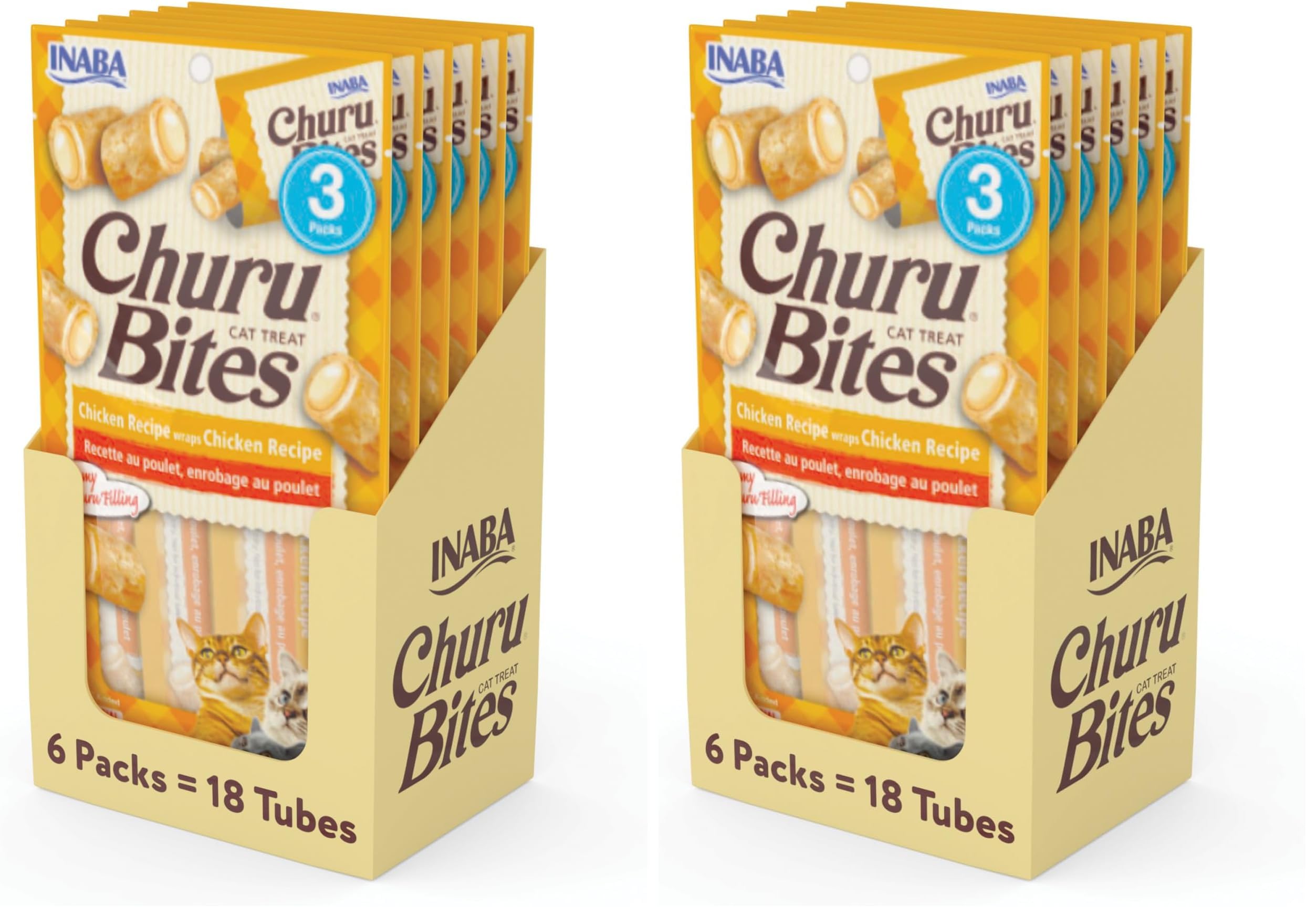 INABA Churu Bites for Cats, Soft Baked Chicken Churu Filled Cat Treats with Green Tea Extract, 0.35 Ounces Each Tube, 18 Tubes Total (3 per Pack), Chicken Recipe (Pack of 2)