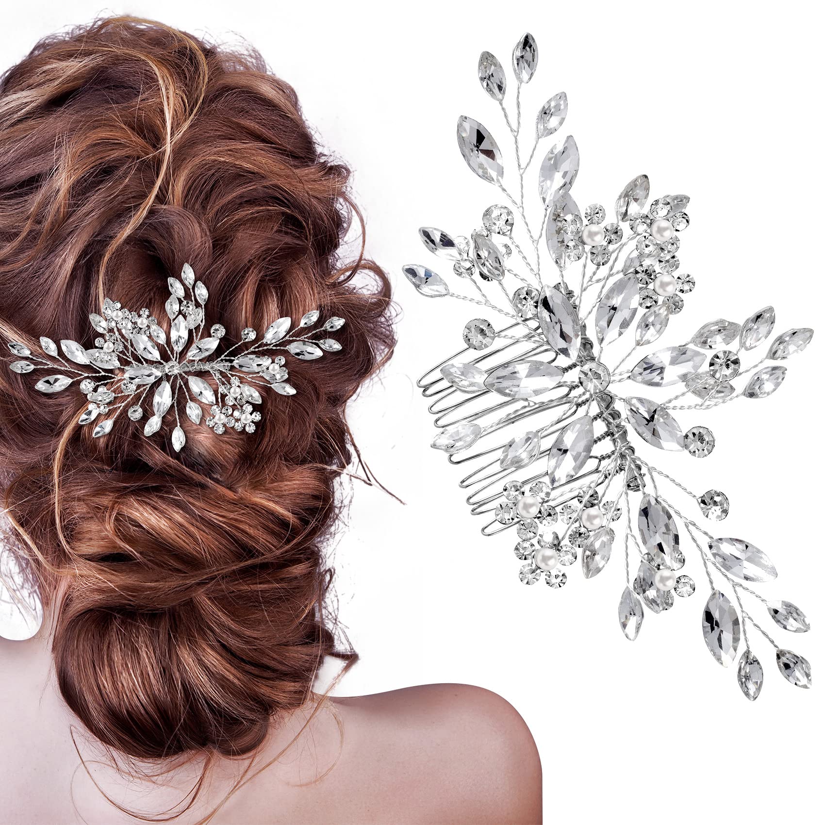 HINZIC Pettine per capelli da sposa in cristallo, con perle di fiori, accessori per capelli, per donne, ragazze, feste, cosplay, Natale, San Valentino, confezione da 1