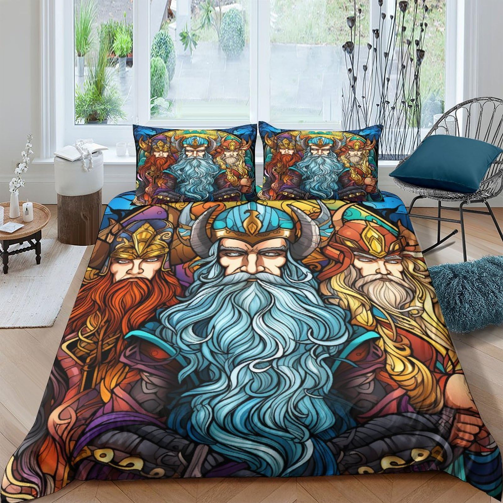 AAHARYA Nordic Mythology Bedding Set,3D Thor Odin Loki Duvet Cover with Pillowcases, for Soft Microfiber Quilt Cover with Zipper Closure 3 Piece Set Double（200x200cm）