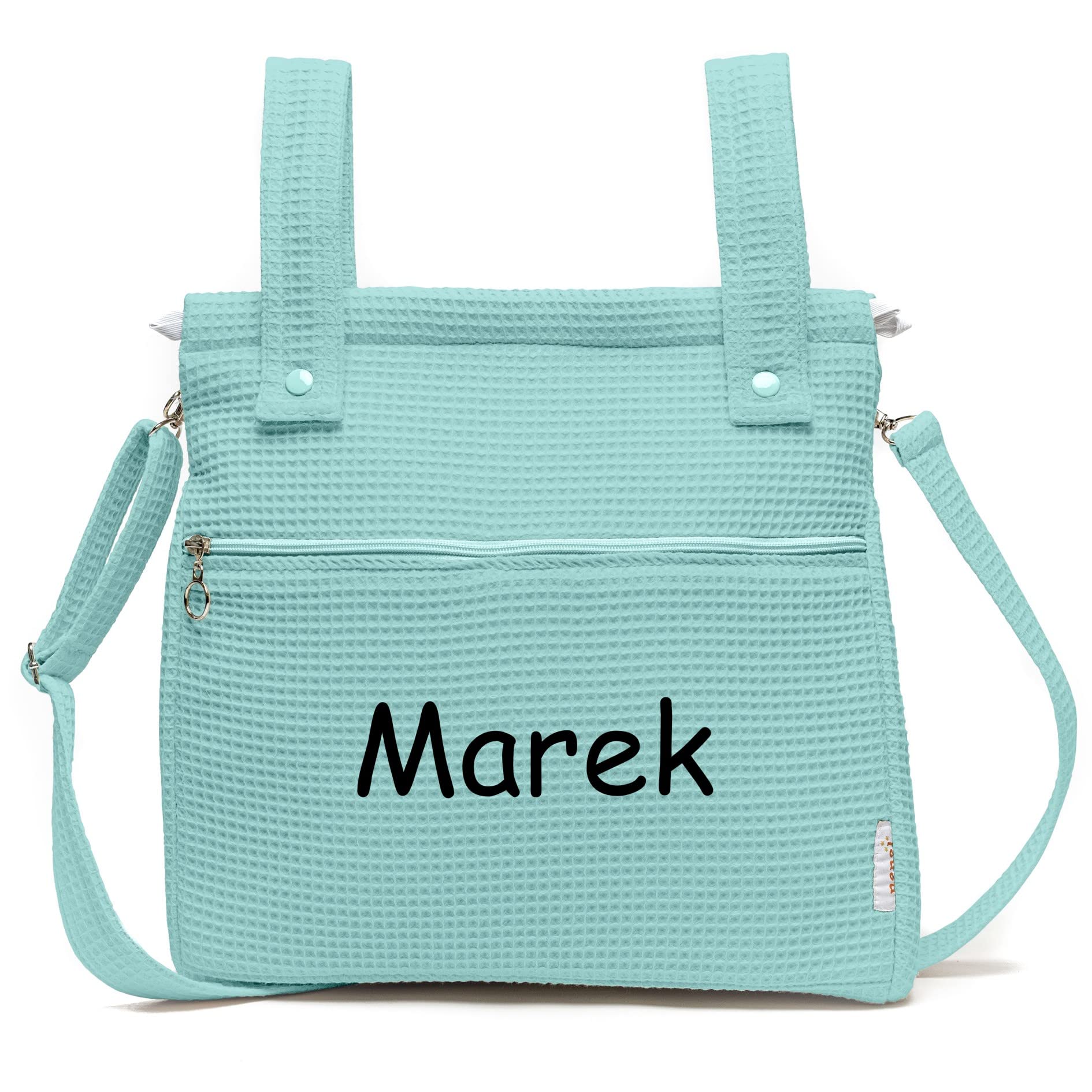 Conjunto de Saco Silla de paseo Universal + Bolso Panera Personalizada – Conjunto Saco Universal + Talega o bolsa para carrito bordada con nombre – Gofre - Waffle – Nenel (Verde agua)