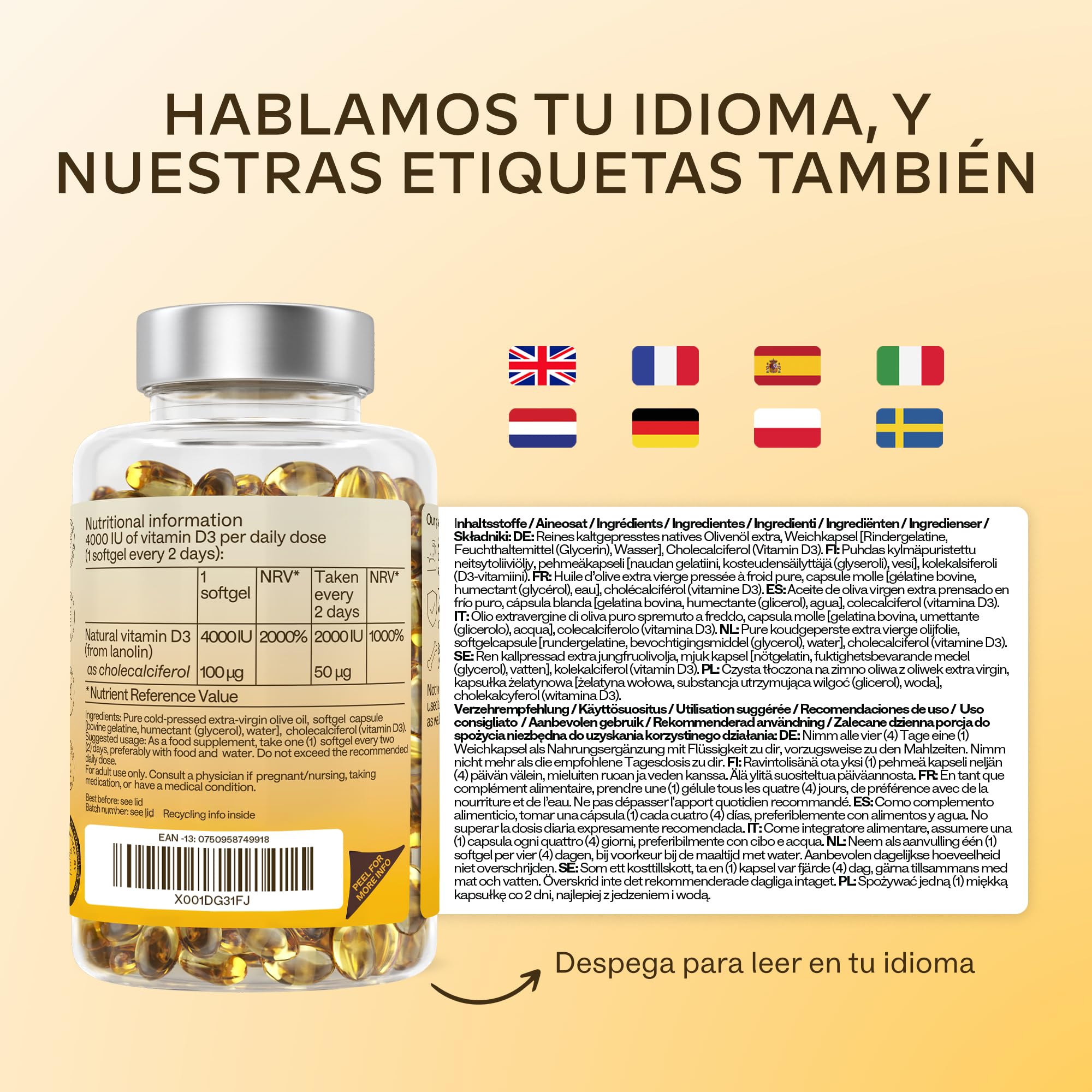 Vitamina D3 [ 4000 UI ] – con Aceite de Oliva Virgen Extra para una Absorción Óptima – Sin OGM, sin Gluten y sin Lactosa – Contribuye al mantenimiento de la Función Ósea, Muscular e Inmunológica.