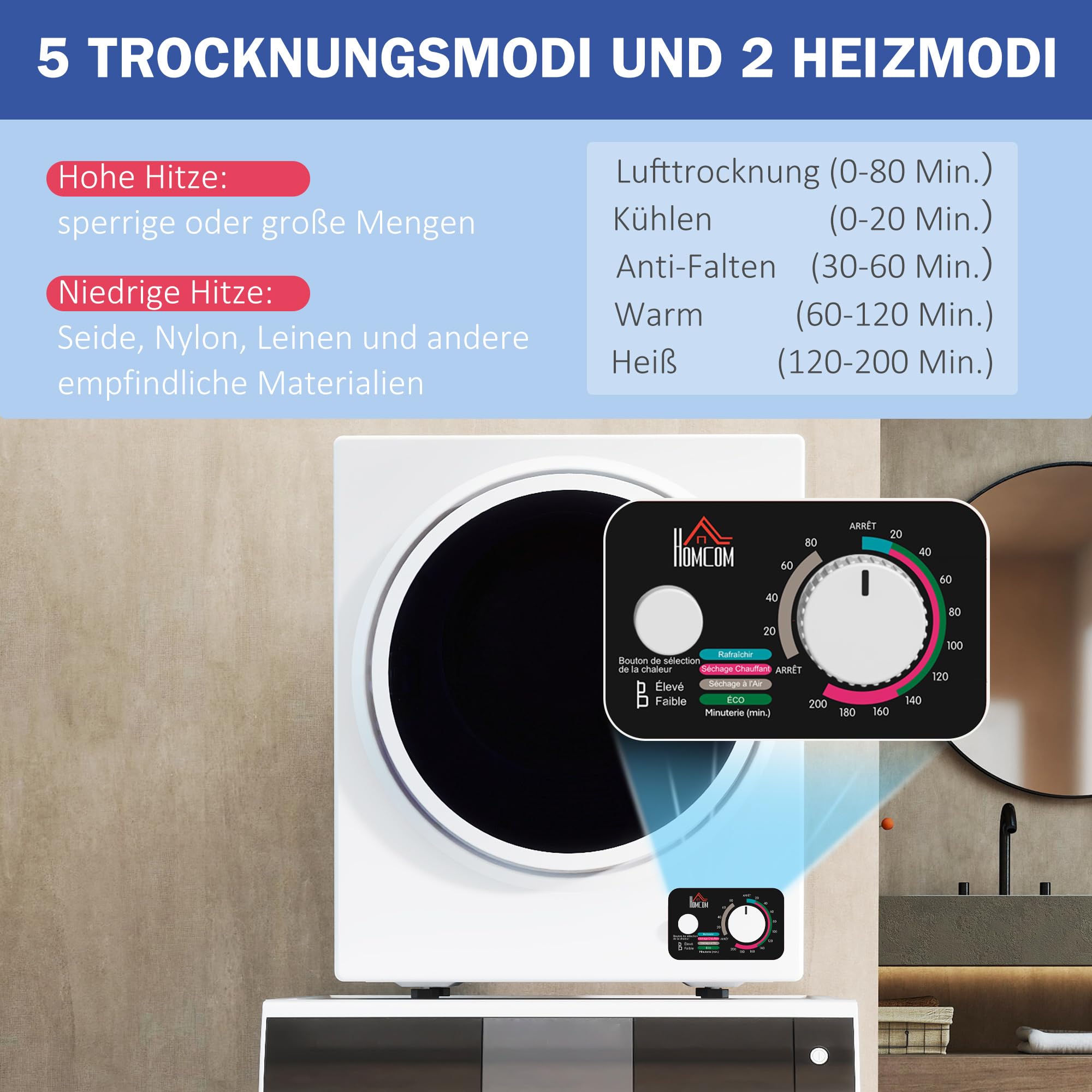 HOMCOM Mini Wäschetrockner 4 kg mit 4 Programme bis zu 65℃ 850W Freistehend Wandmontierbar Ablufttrockner mit 2 Heizstufen, Sterilisation, Edelstahltrommel Trockner für Kleidung Wohnmobile Weiß