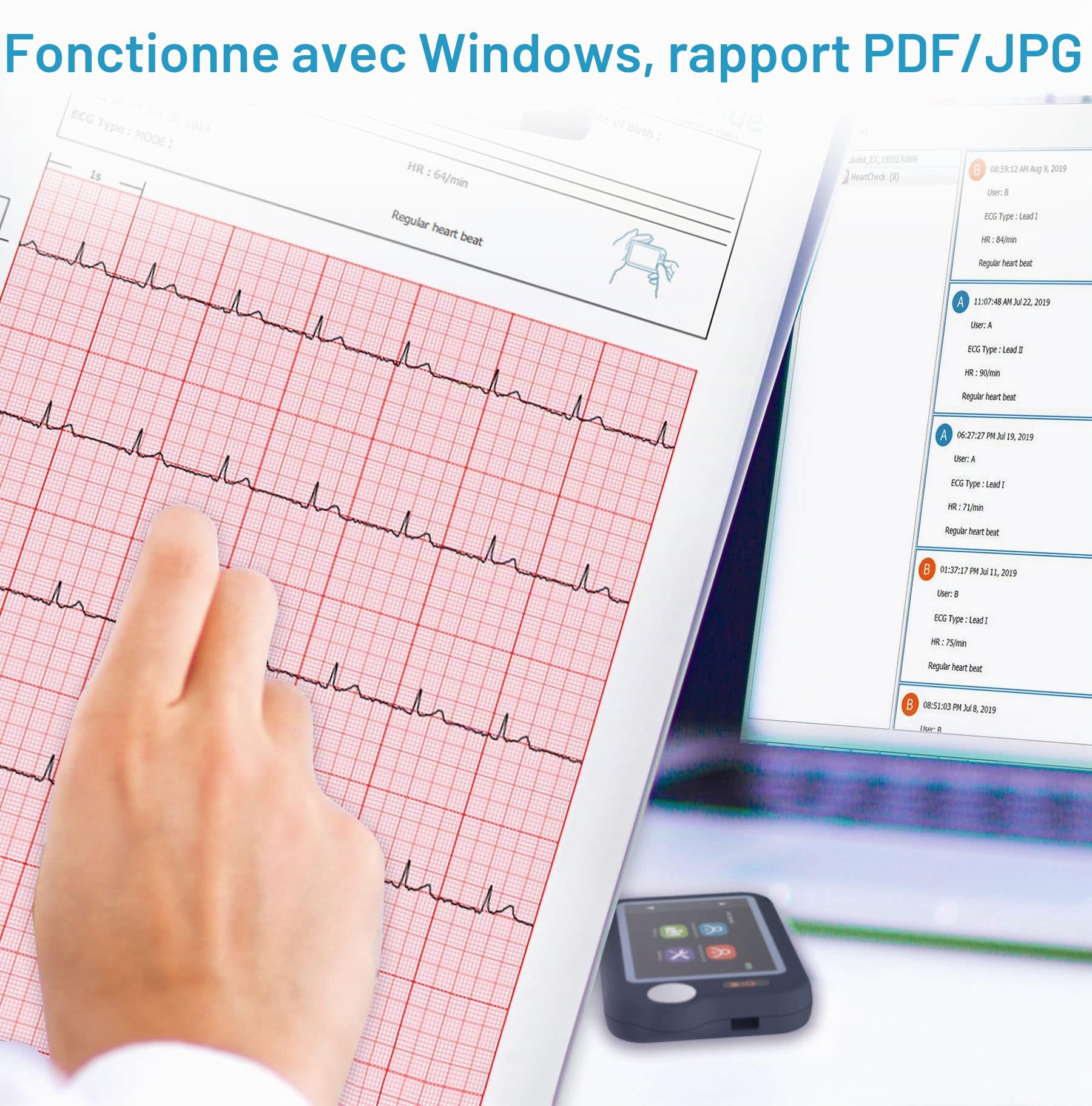 Wellue Pulsebit EX ECG Monitor, appareil ECG Bluetooth avec application iOS et Android, enregistrement 30s / 60s / 5min, fonctionne avec smartphone et PC, traceur de santé cardiaque portable personnel