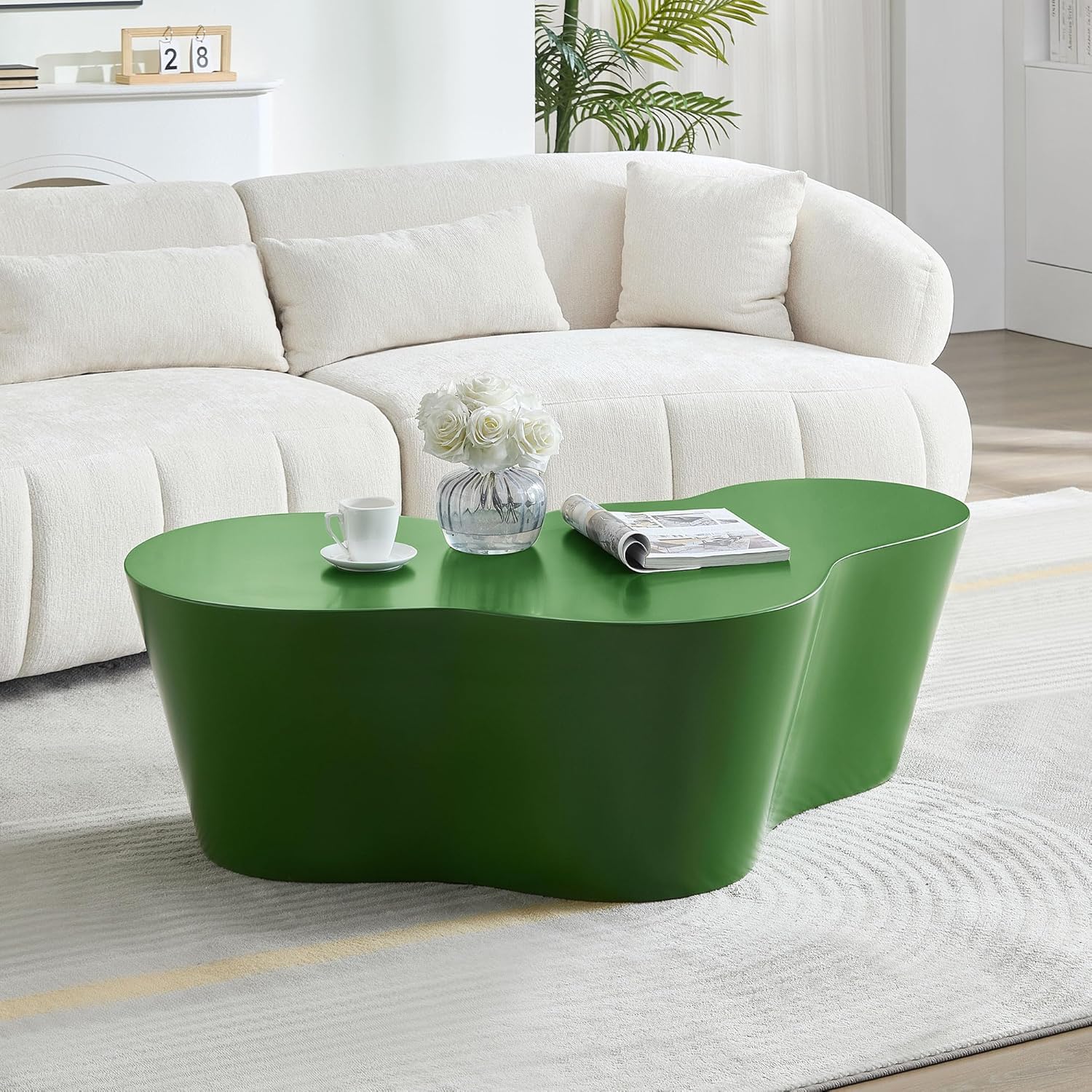 WILLIAMSPACE 50" Irregular Coffee Table with Unique Shape for Living Room, Modern Luxury Fiberglass Center Table, Sturdy Accent End Tea Table for Apartment, No Need Assembly (Green)