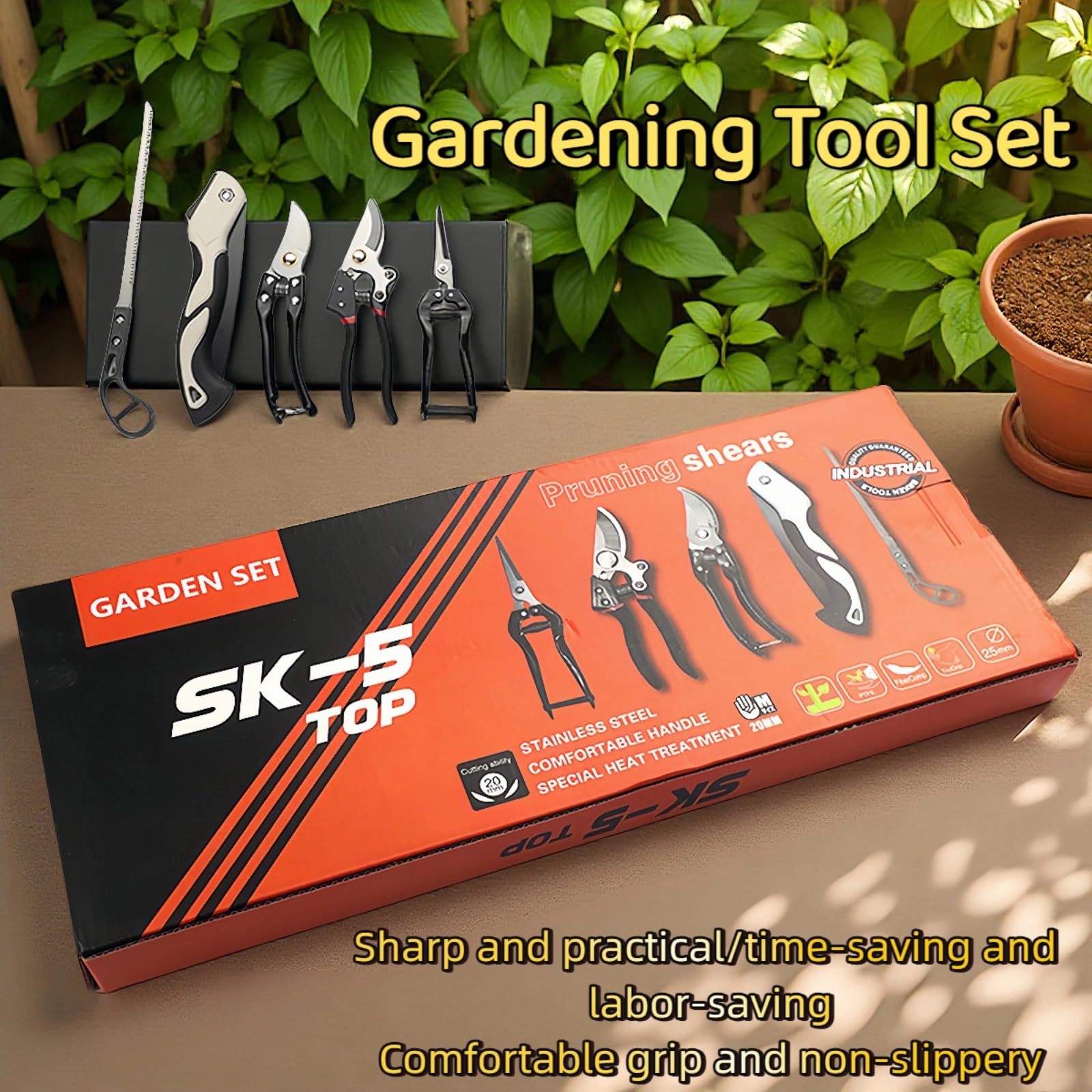 Set di attrezzi da giardinaggio: cesoie da potatura in acciaio inox e sega pieghevole – Ideale per piante in vaso e lavori in giardino; include custodia portatile