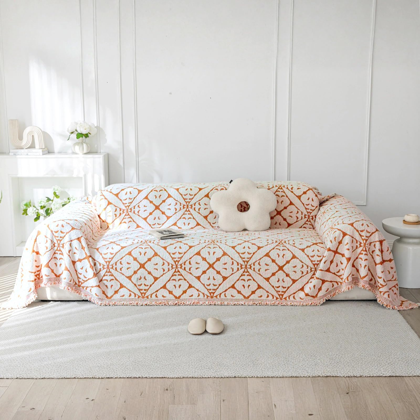 LiveGo Chenille AB Sided Slipcover for Corner & L Shaped Sofa, Soft Non-Slip All-Season Washable Couch Protector for Dogs with Tassel (Ab Boho Orange, 180 x 340 cm) — image 1