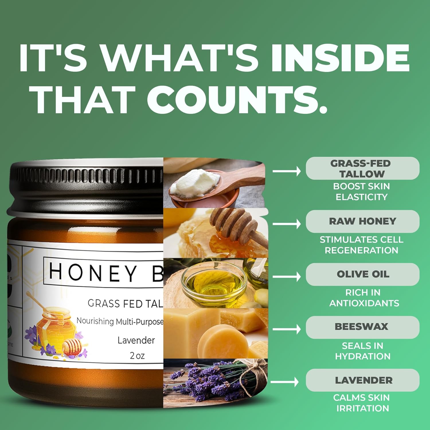 Tallow Honey Balm, Organic Body Butter, Grass-Fed Beef Tallow for Skin, Soothing All-Natural Moisturizer for Body and Face | Made in USA - 2 oz (Lavender) - Image 3