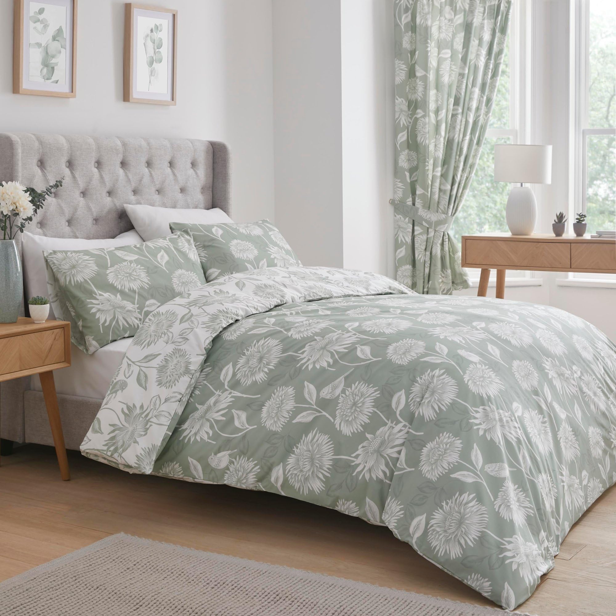Dreams & Drapes - Groen Chrysant Dekbedovertrek - Kingsize Beddengoed Omkeerbaar (2 Kleuren) - Gemakkelijk te onderhouden en wasbaar - Saliegroen Beddengoed - Lichtgroen Bloemen Beddengoed - Groene