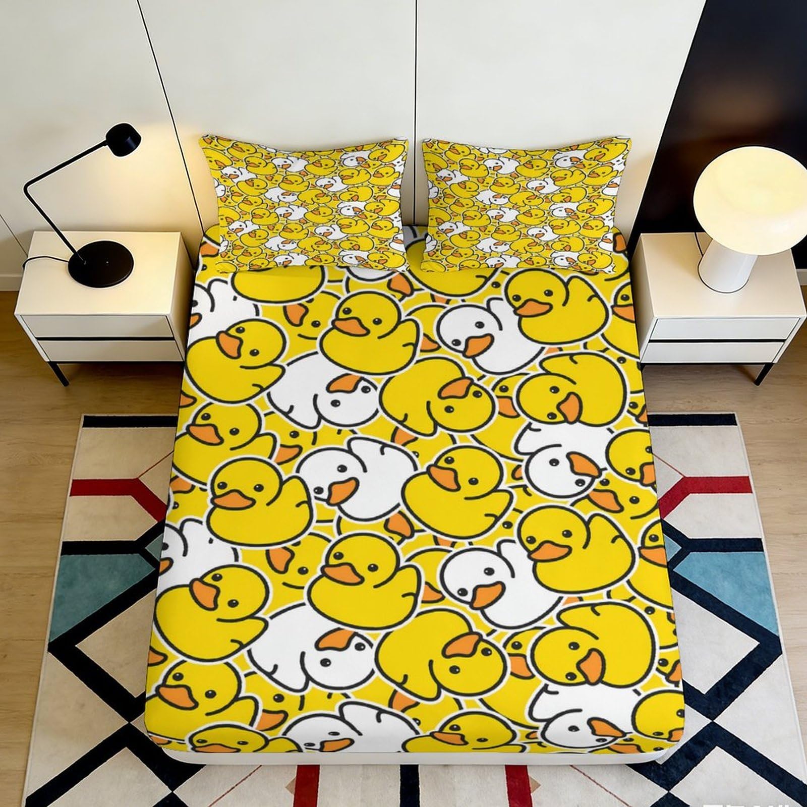 3D Printed Yellow Duck Fitted Sheet Microfiber Soft Non-Slip Cartoon Animal Mattress Cover for Bedroom Dorm Decor 200x200x25cm