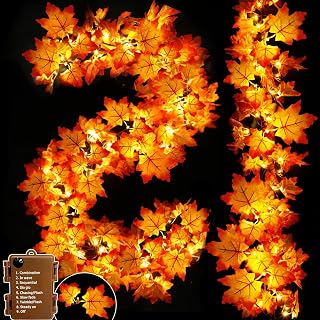[Timer & 8 Modes & Thicker Leaves] 2 Pack Fall Garland Lights Thanksgiving Fall Decoration Home Total 20Ft 40LED 80Maple Leaf Two Leaves Paired with each LED Waterproof Battery Powered Halloween Decor