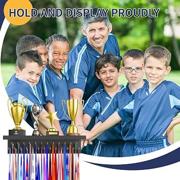 Medal Hanger Display 2 Pack, Wooden Grey Trophy Shelf for Wall with 25 Steel Golden Hooks and Race Awards Rack with Metal Holder, Storage Stand for Sports Fans, Easy Install, Showcases Achievements