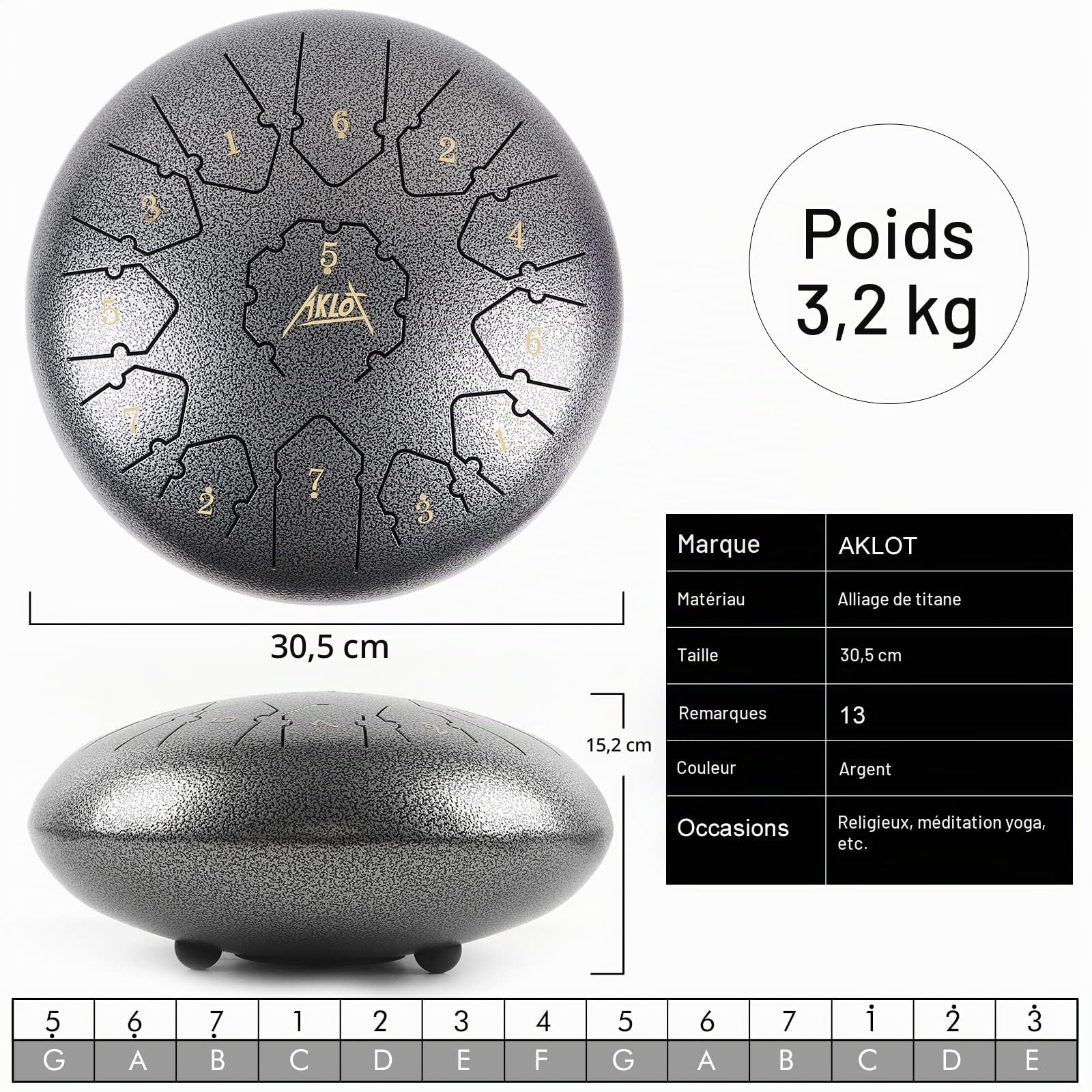 Tongue Drum,AKLOT Handpan 12 Pouces 13 Notes Tambour Zen Steel Tongue Drum Tambour à Langue C Key Pour le Camping, le Yoga, la Méditation