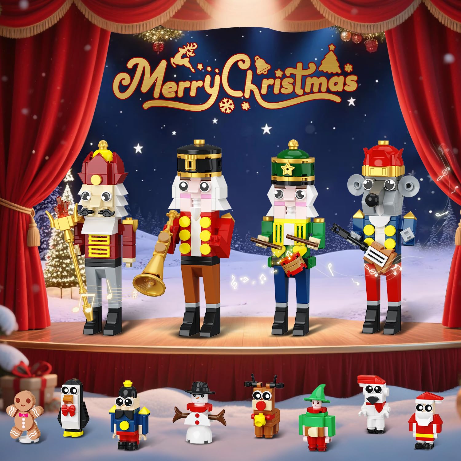 HOGOKIDS Calendario de Adviento 2025, juguete de construcción de teatro con luz, 24 días de cuenta atrás de Navidad, 3,6 mini juguetes con 12 minifiguras y tren de árbol de Navidad, regalo para