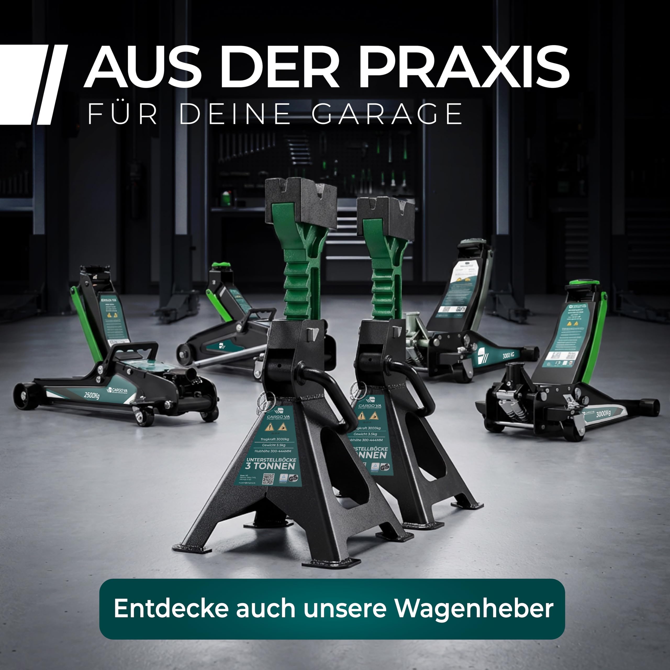 CargoVA® Unterstellbock 3T [2er Set] mit Gummiauflage – TÜV GS Geprüft & Höhenverstellbar (300-444mm) – 3000kg Unterstellböcke KFZ mit Doppel-Sicherung – Auto Böcke für PKW & SUV