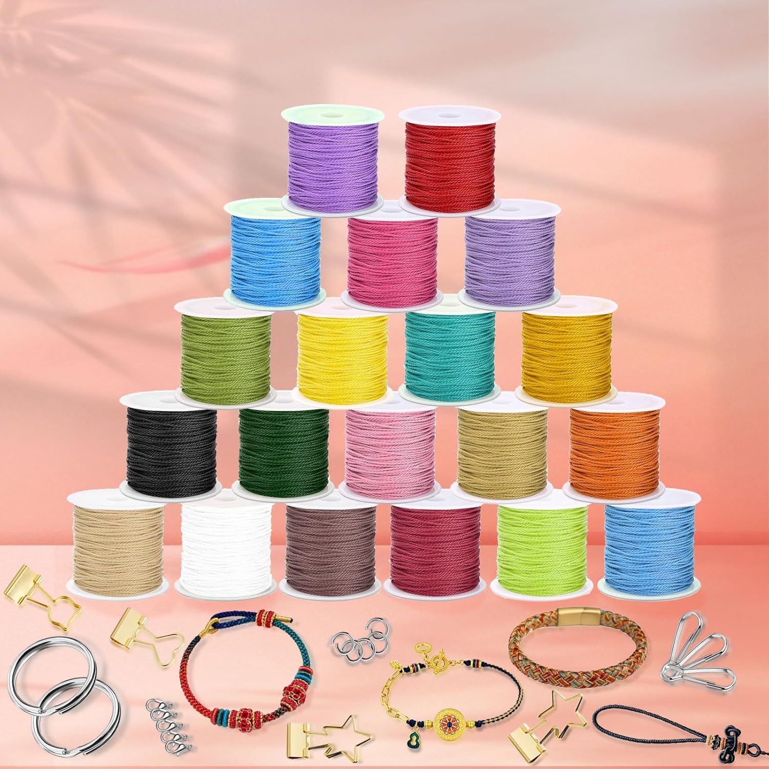 Wax Thread 20 Colors, 20 Rolls 1mm Bracelet Cord, String for Bracelet Making 500 Yard, Waterproof Not Fading, Comes with 100 Keychains and 4 Clips, for DIY Necklace - Image 2