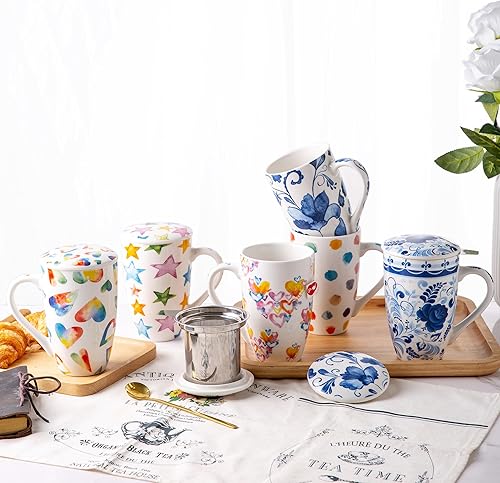 Miniatura 7 de Taza de té con infusor y tapa, taza de té grande de cerámica de hoja suelta de 18 onzas, apta para microondas, taza de té apta para lavavajillas,
