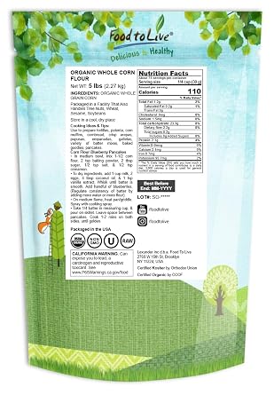 Food to Live Organic Corn Flour, 5 Pounds Non-GMO, Whole Grain, Finely Ground Meal, Vegan, Kosher, Bulk Yellow Milled Maize. Great for Cooking and Baking Cornbread, Pancakes, and Tortillas.
