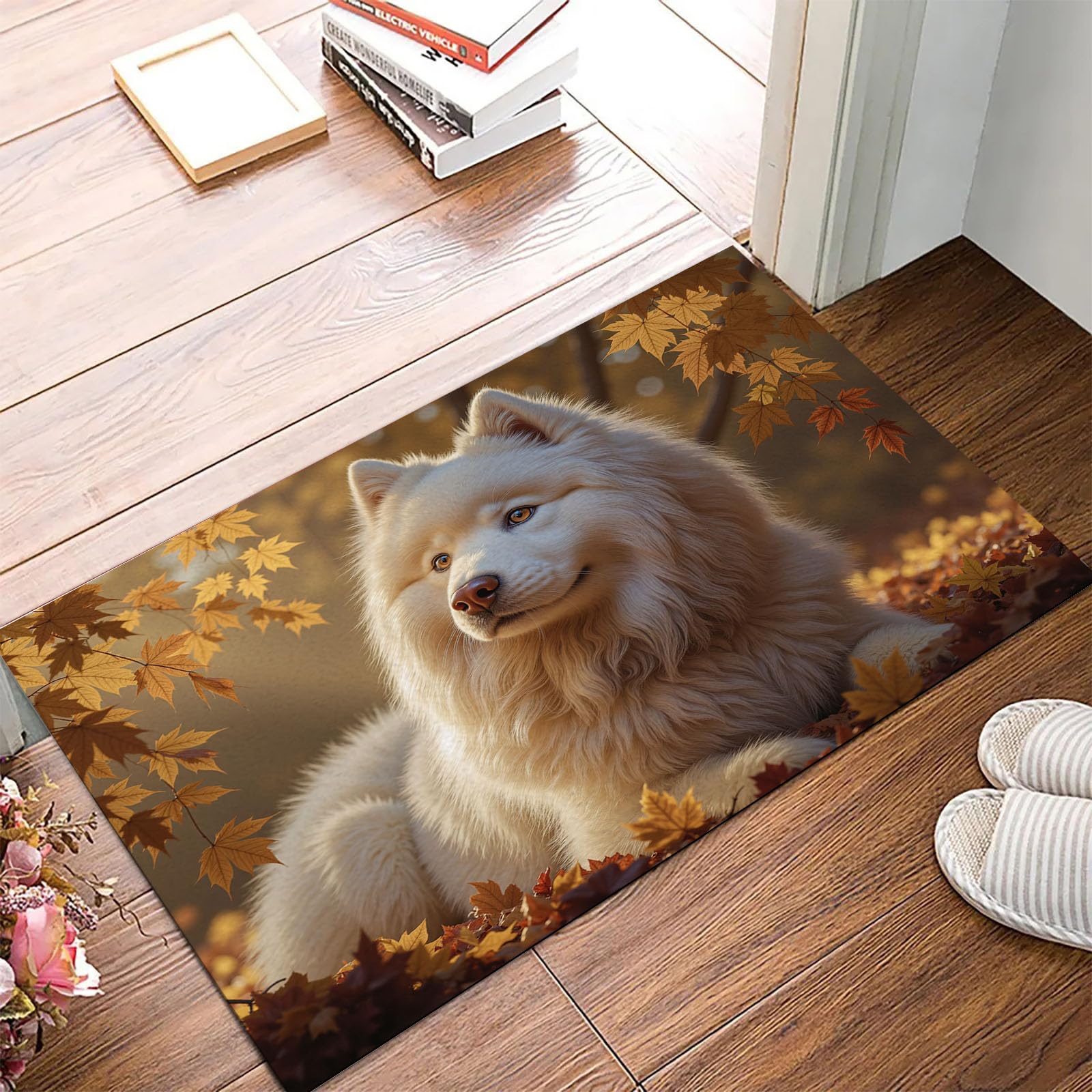 Paillasson entrée Samoyède antidérapant tapis de sol lavable jaune 60x90cm
