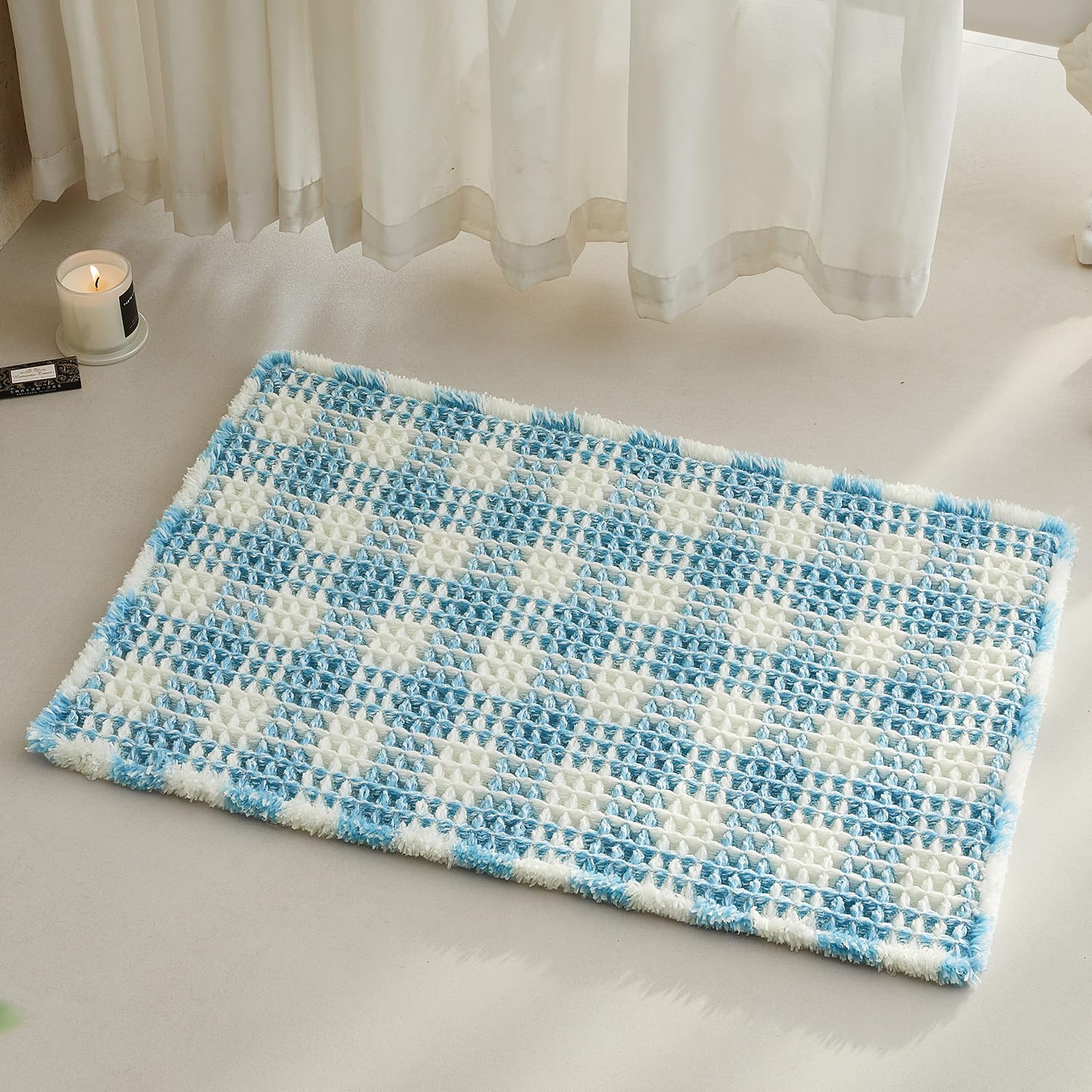 TYUU Waffle Bath Mat, Cute Bathroom Rugs Non Slip, 30x20 Blue &amp; White