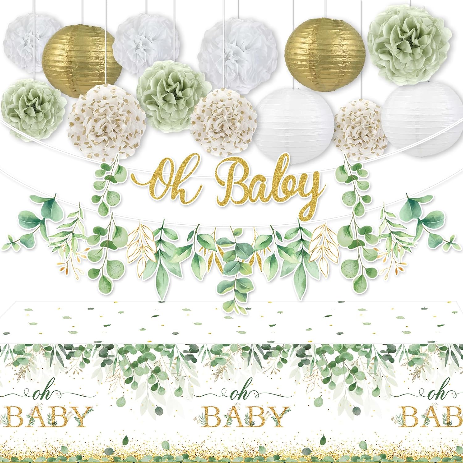 Sage Green Gold Baby Shower Decorations Sage Green Oh Baby Banner Paper Lanterns Tissue Pom Poms Eucalyptus Leaf Tablecloth for Boy Girl Gender Reveal Boho Greenery Party Supplies