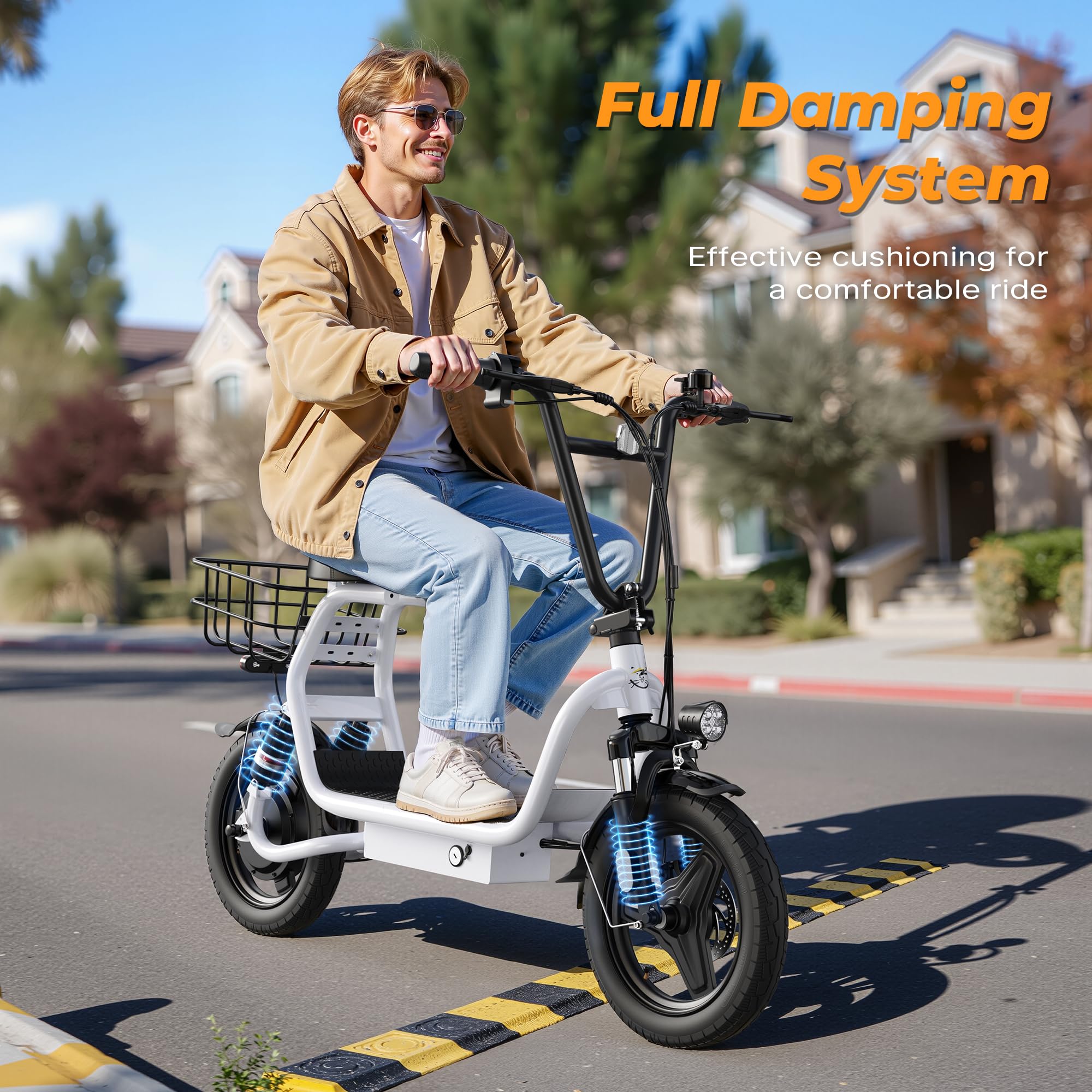 Electric Scooter for Adults with Seat- Peak 750W Motor,Foldable E-Scooter with Back Basket,14" Tire E Scooter with 48V 7.8AH Battery Up to 20MPH &32KM/h Range,Adults Ebike for Commuting Pets & Cargo — view 6