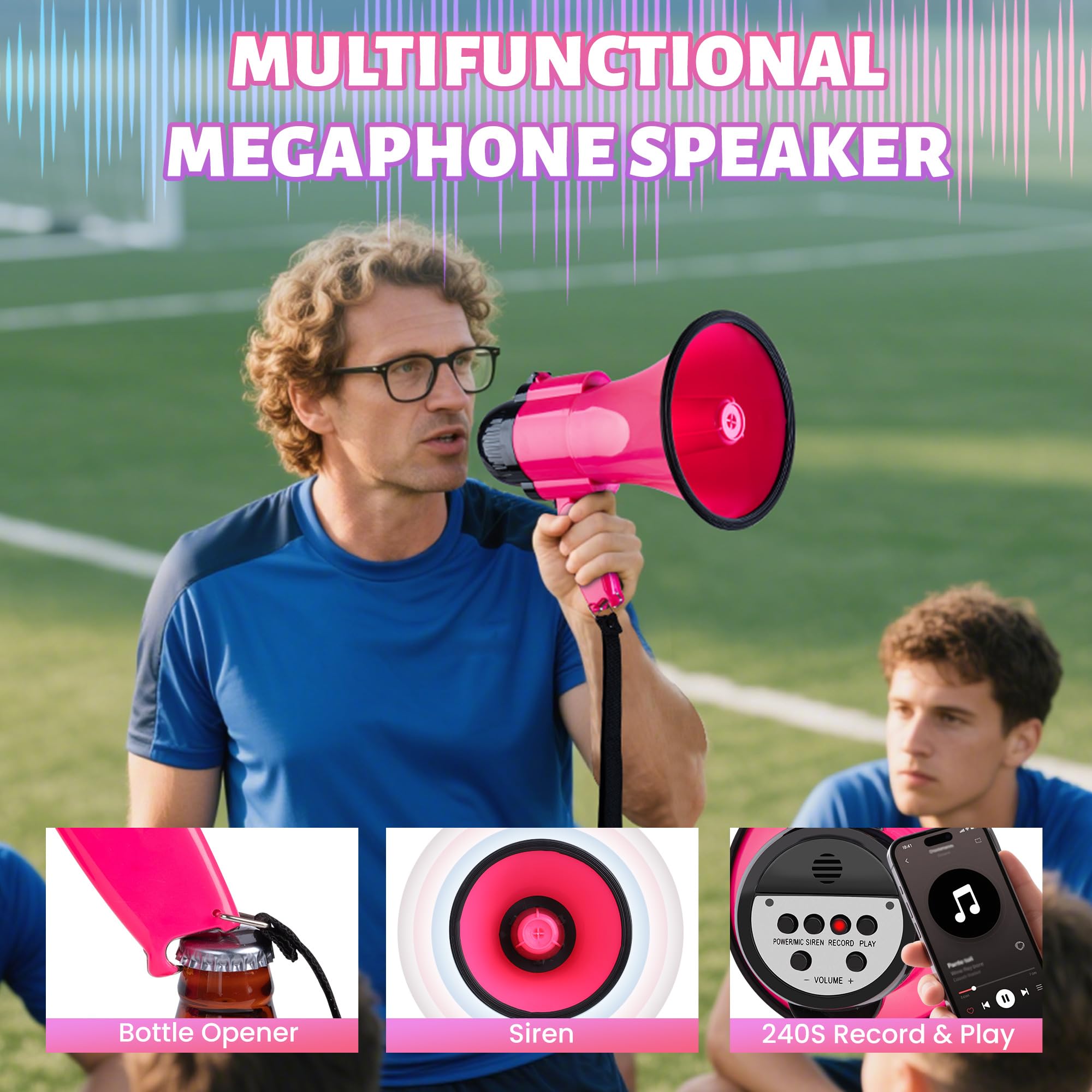 Mégaphone portable 30 W avec contrôle du volume et sangle (rose foncé)