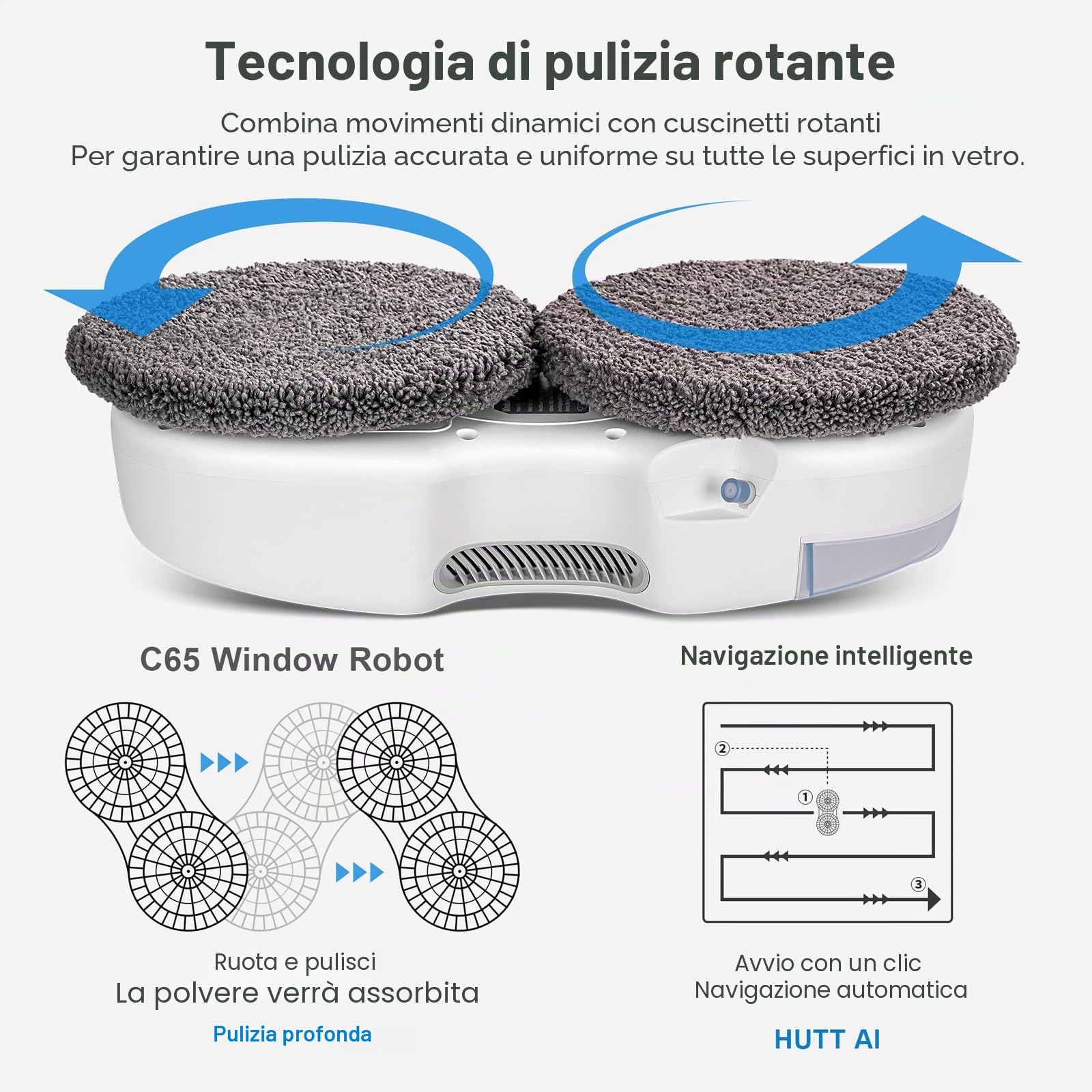 HUTT C65 Robot Lavavetri Finestre con Serbatoio, Robot Lava Vetri Elettrico a Pulizia di Lava con Telecomando, 3800Pa, Acqua Spruzzo, Funziona su Tutte Le Superfici Liscie, con 10pcs Panno, Valigia