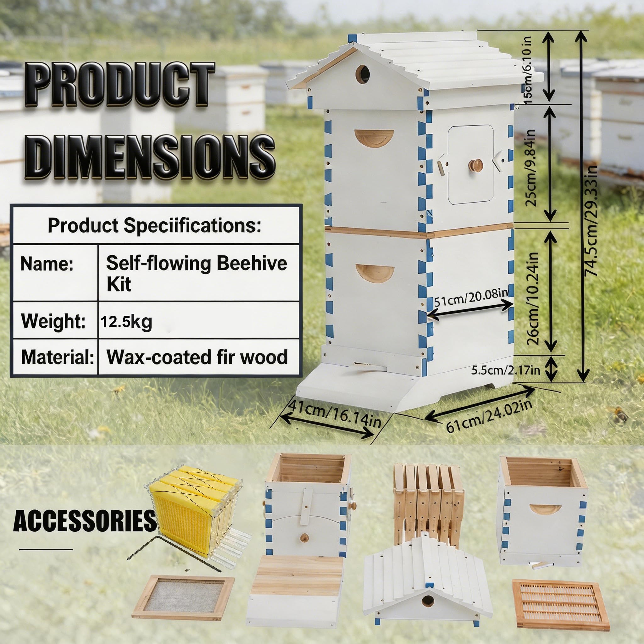 Kit per Arnia Automatica in Legno, 4/7 Telaini A Flusso Automatico con Finestra di Osservazione, Arnia Automatica per Api da Miele in Legno di Abete Resistente Rivestito di Cera 4frame
