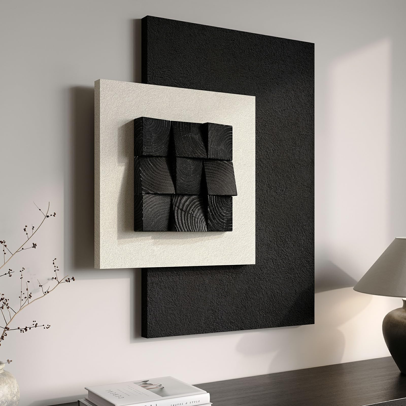 Black and White 3D Textured Abstract Wall Art Large Modern Wood Artwork for Walls Minimalist Geometric Wooden Texture