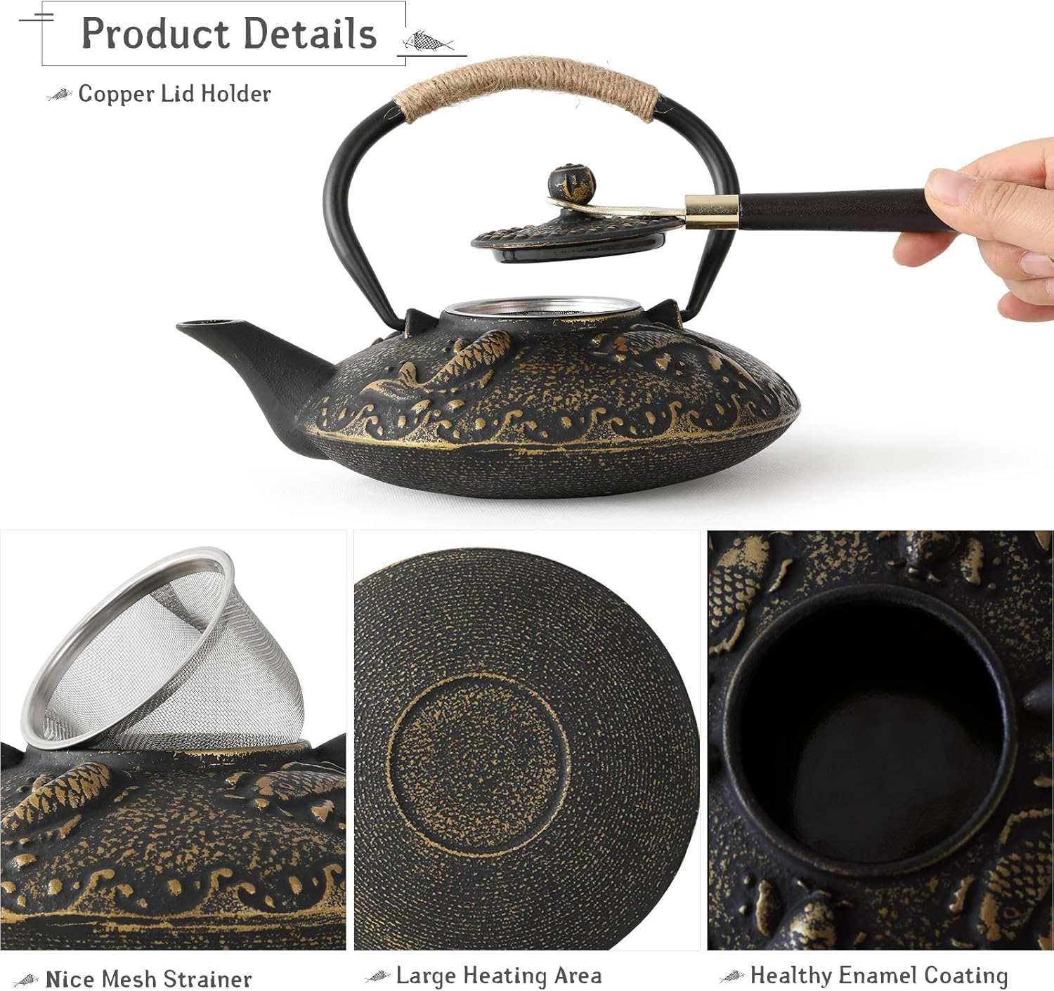 Glaceon Japanese Style Cast Iron Teapot with 4 Tea Cups Trivet Tetsubin Stovetop,Cast Iron Teapot Stove Kettle Safe Coated with Enamelled, Tea Kettle with Infuser Chinese Iron Tea Pot Tea Set (GL-03) 4
