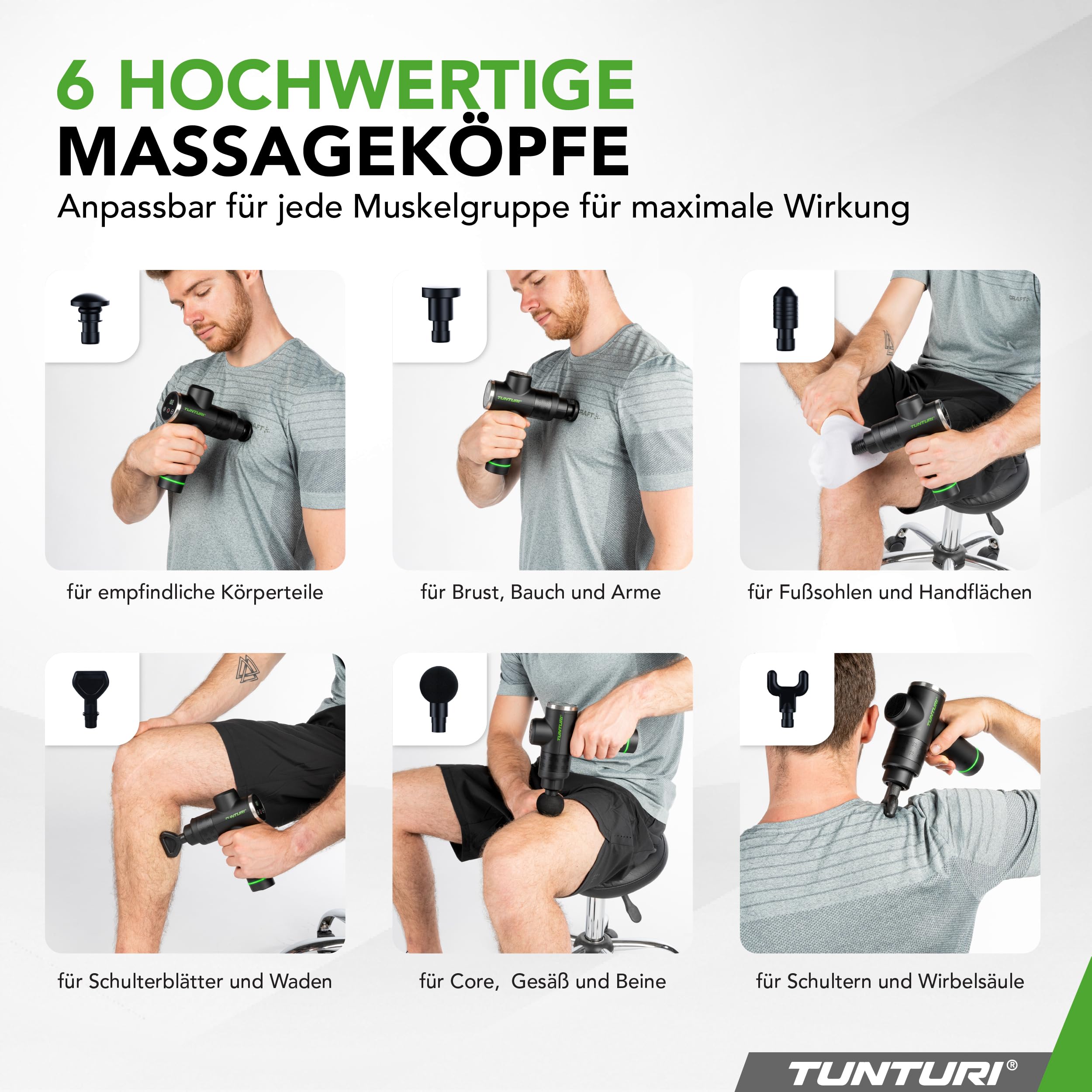 Tunturi MG40 Massagepistole – Massagegerät mit Multi-Griff – Inklusive 6 Aufsätze und Koffer – Extra kraftvoll und leise – Inkl. App