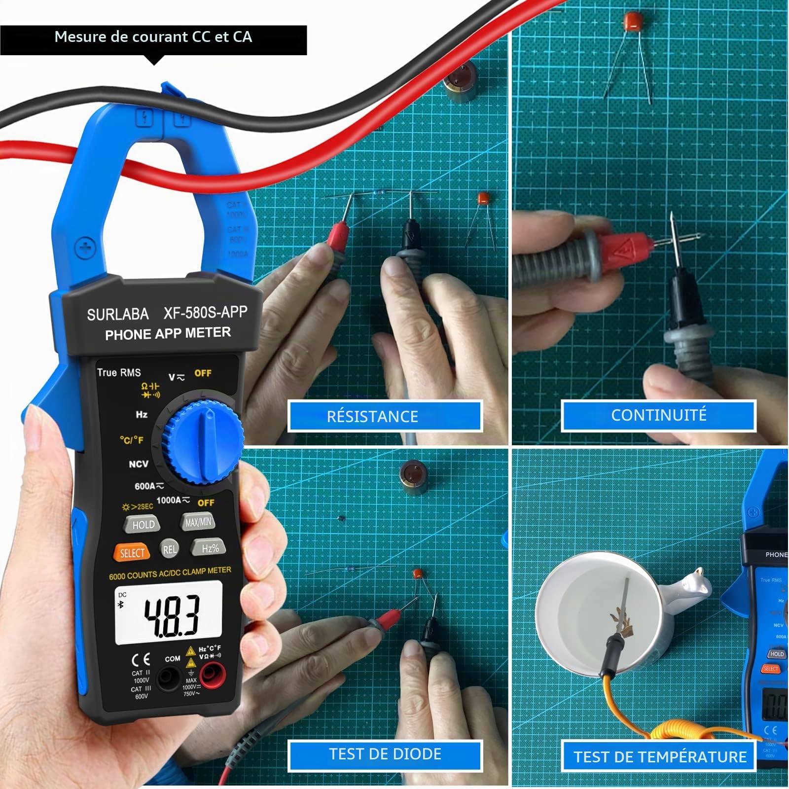 Bluetooth Pince Ampèremétrique, NCV AC DC Clamp Multimètre Numérique TRMS, 6000Count Tension Courant Meter App Support, Voltmètre Ampèremètres avec Continuité Température Résistance Diode Capacité Hz