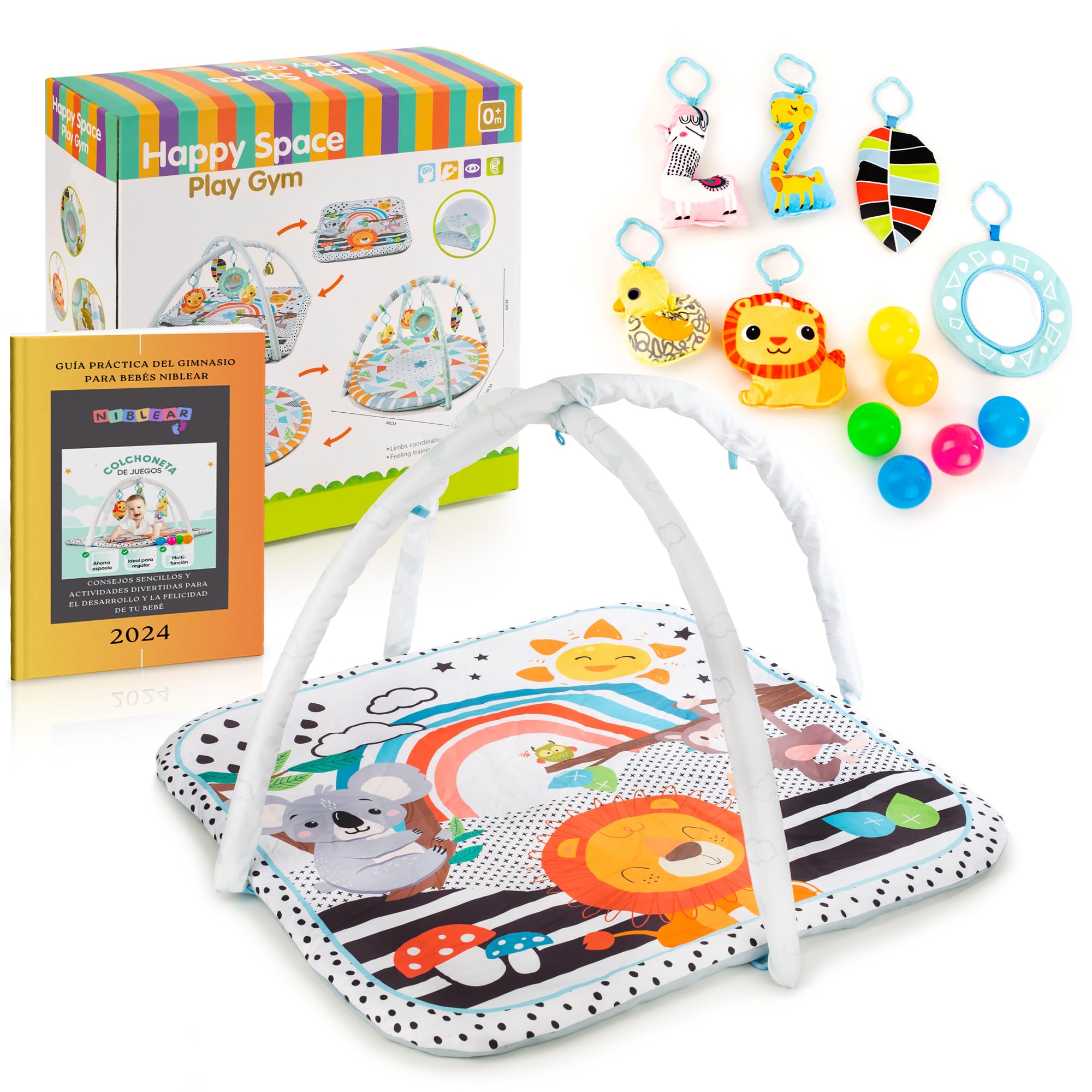 Pack Gimnasio bebe 0-6 meses, tapete de actividades bebe con 5 juguetes, un espejo, 6 bolas de colores, con Guía Práctica Digital, manta actividades bebe con arco para bebé, alfombra de juegos bebe