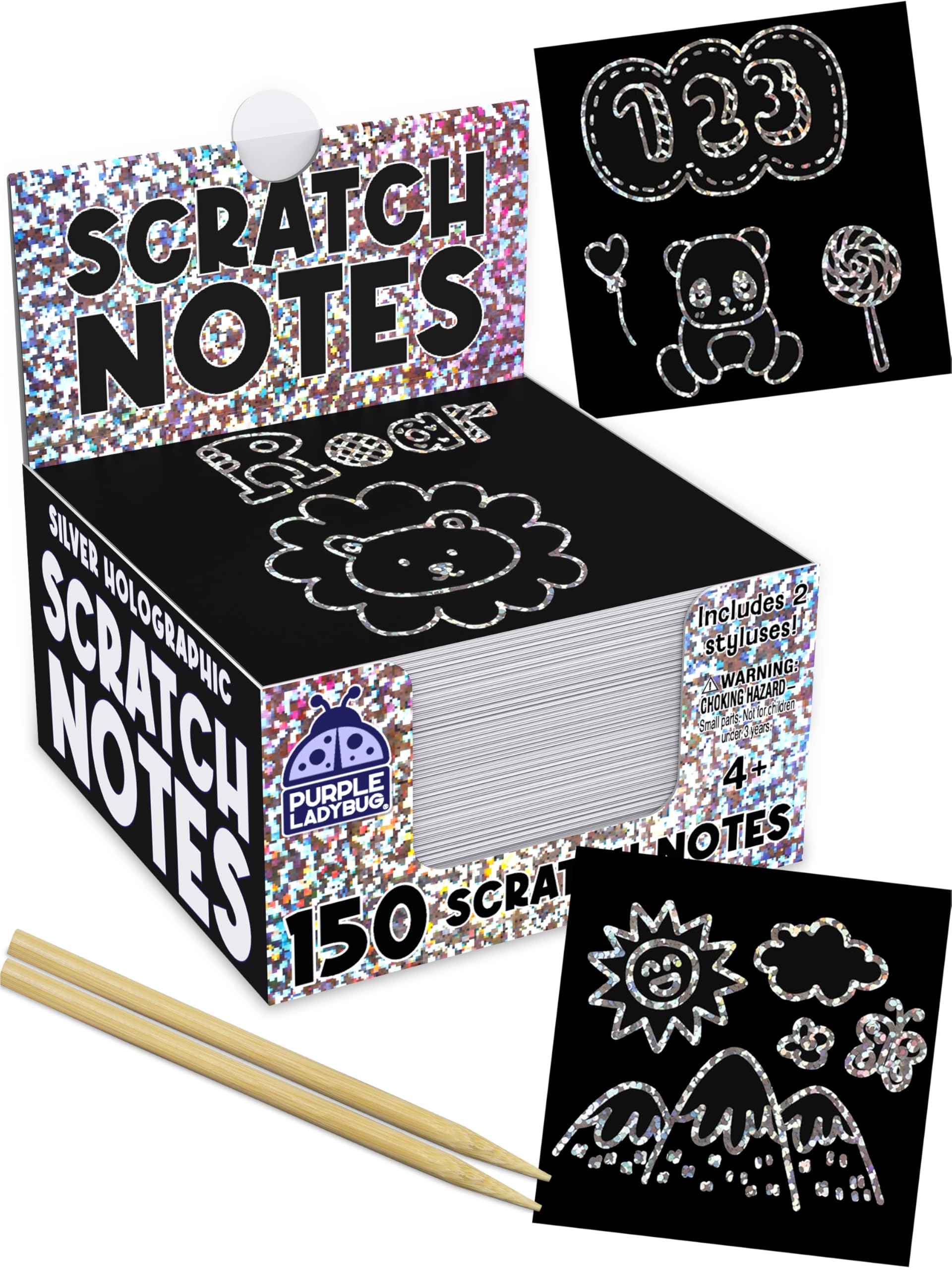 PURPLE LADYBUG Scratch Art Notes for Kids and Teens - 150 Sheets - Easter Basket Fillers, Kids Arts and Crafts, Birthday Present for Girls and Boys, Easter Crafts Activity (Silver Holographic)
