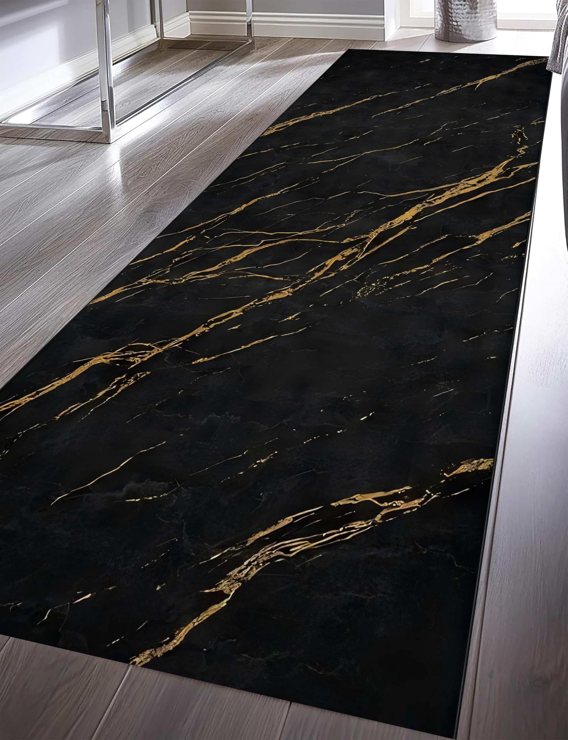 Kuluoits Marble Hallway Runner Rug,80x150cm, Soft Short Pile Machine Washable Kitchen Carpet, Non-Slip Non-Shedding Abstract Pattern Rugs, Carpet Runner for Living Room Bedroom Entrance Bedside Black