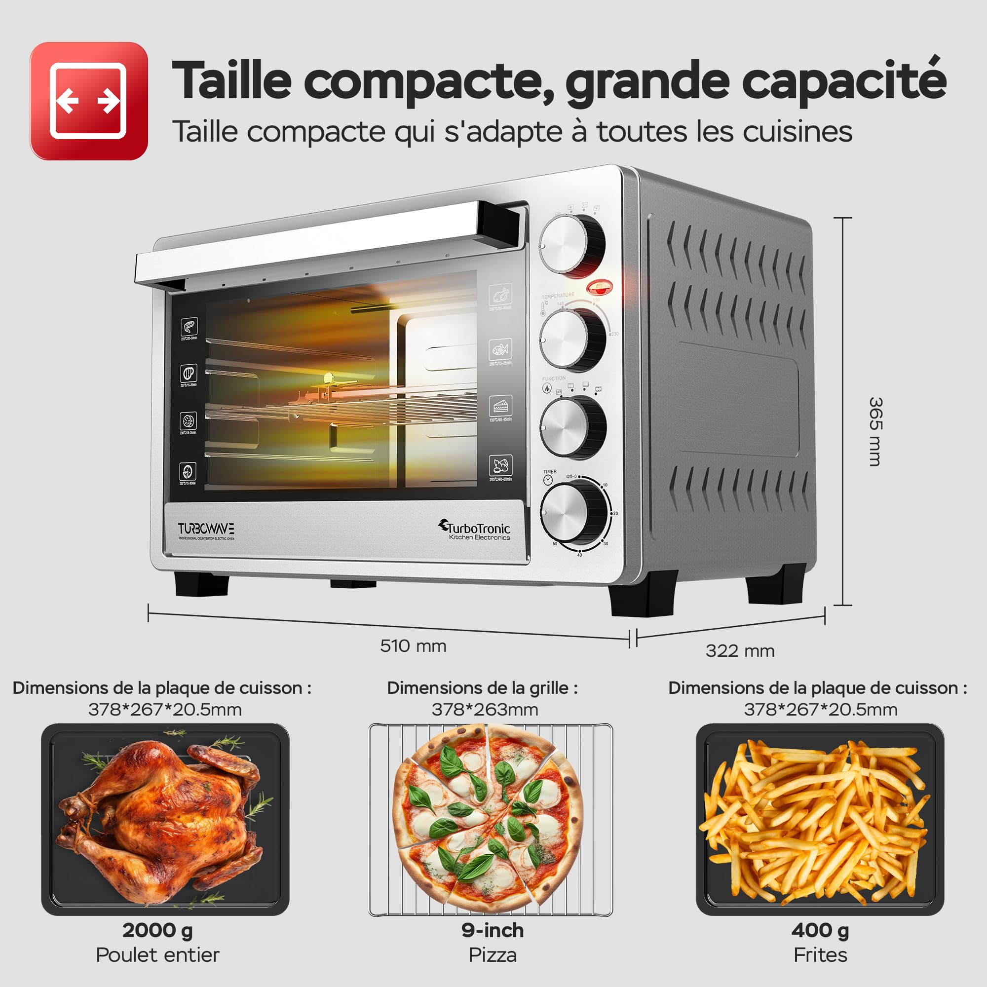 TurboTronic EVS30, Four électrique 30 L, Four posable à chaleur tournante, Mini four, 1500 W, 230°C, Argent