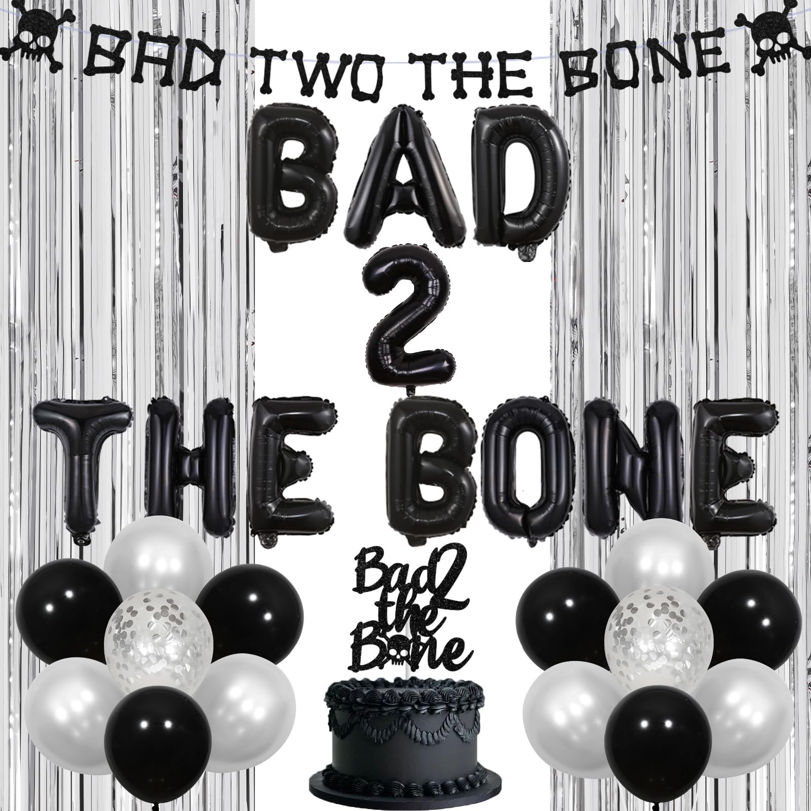 kreat4joy Bad Two The Bone Party Decorations Boy, Music Theme 2nd Birthday Decorations Foil Balloons Banner Cake Topper Fringe Curtain for Skeleton