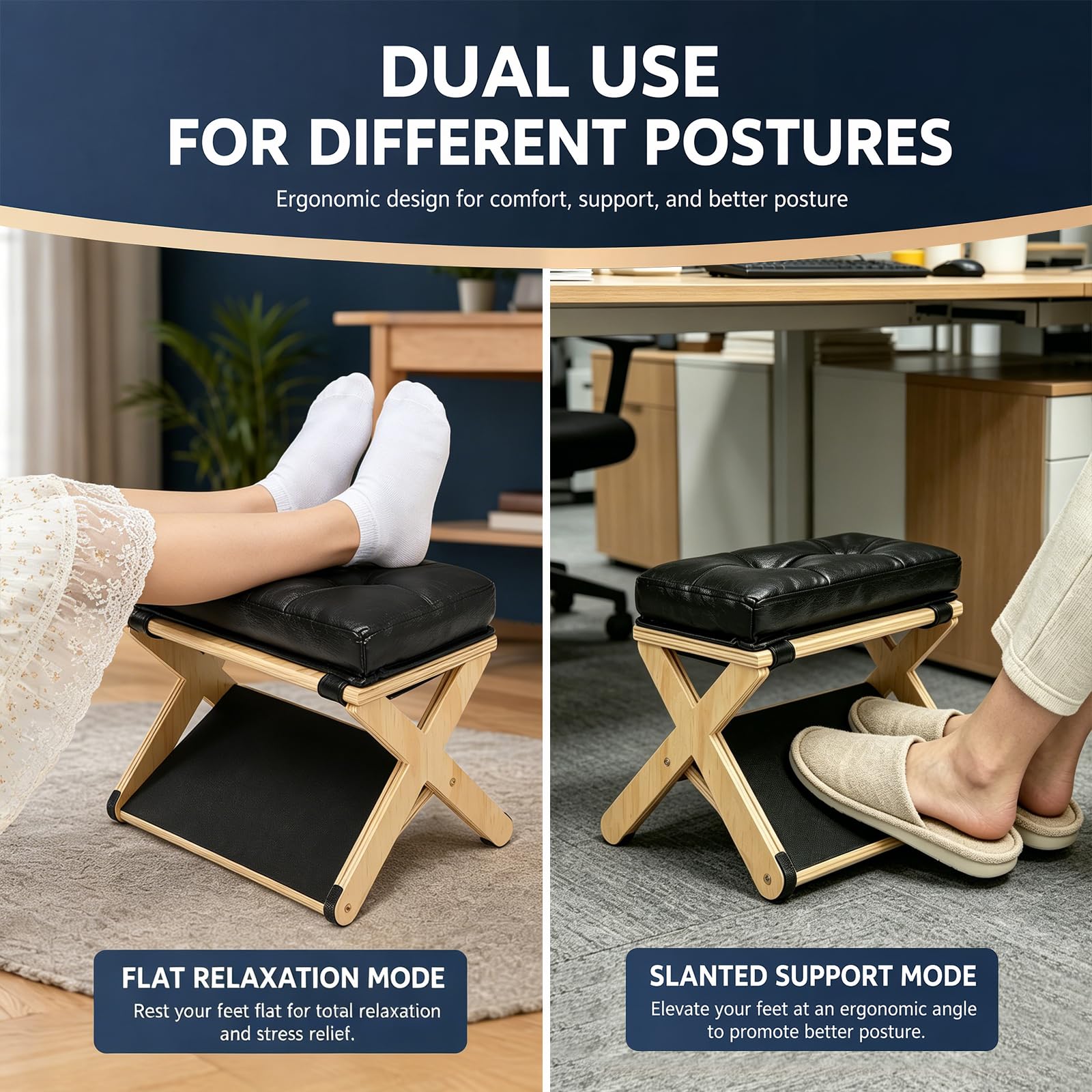 Poggiapiedi Ergonomico Legno 2in1 Pieghevole, Regolabile Altezza Angolo con Cuscino Rilassante, Salvaspazio per Ufficio Scrivania Soggiorno Camera