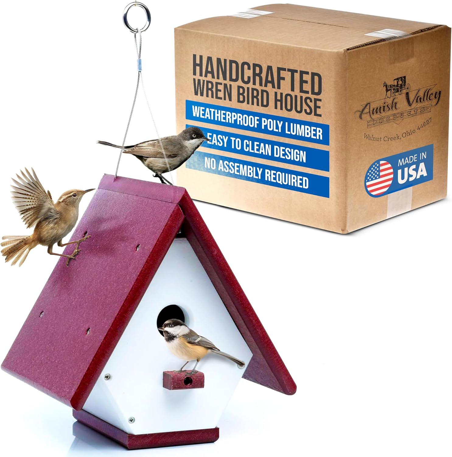 Wren Bird House Poly Lumber Easy Clean Out Design Weatherproof Hanging Cable Birdhouse (Brick Red/White)