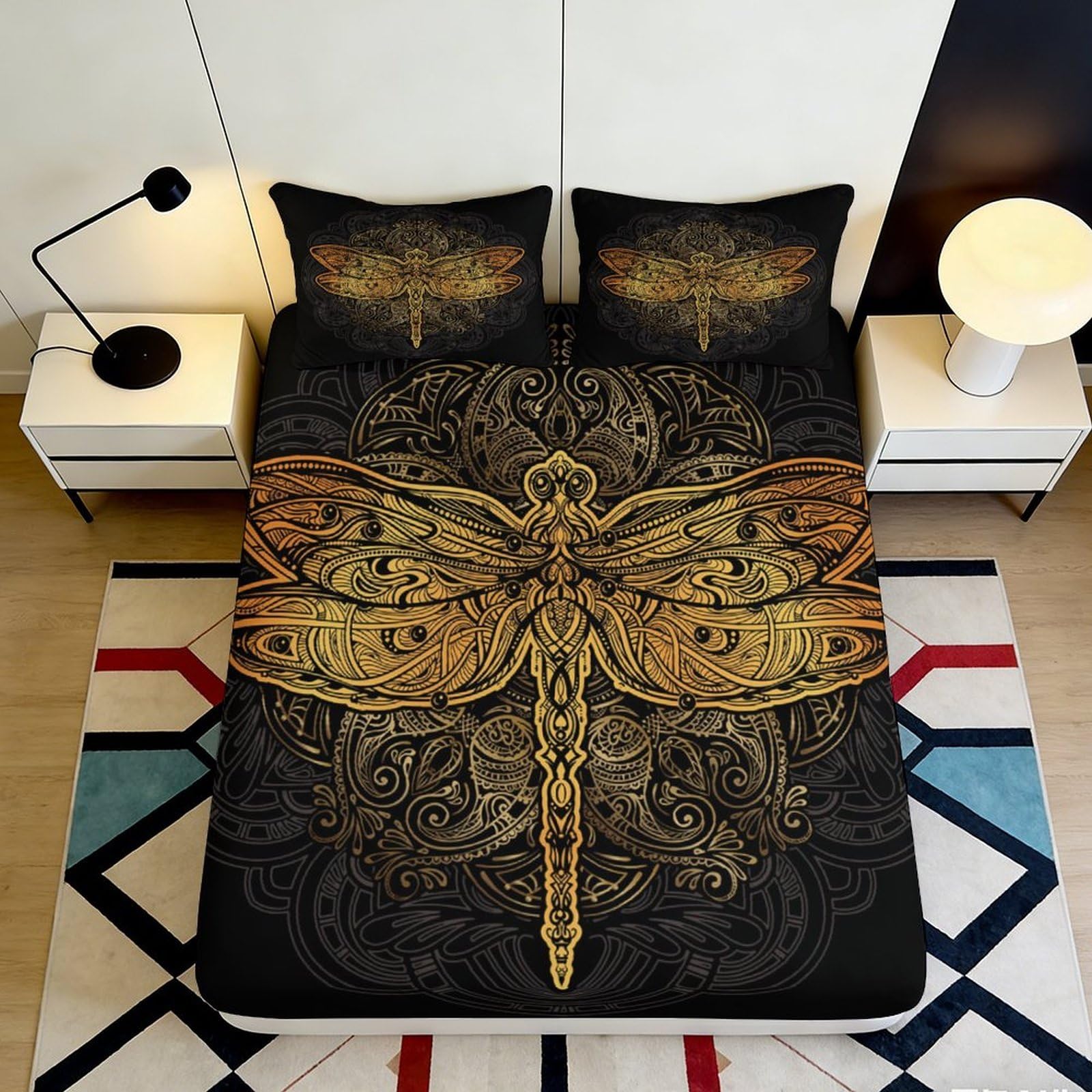 3D Printed Golden Dragonfly Fitted Sheet Microfiber Soft Black Mandala Bed Sheet for Bedroom Guest Room Decor 90x200x25cm
