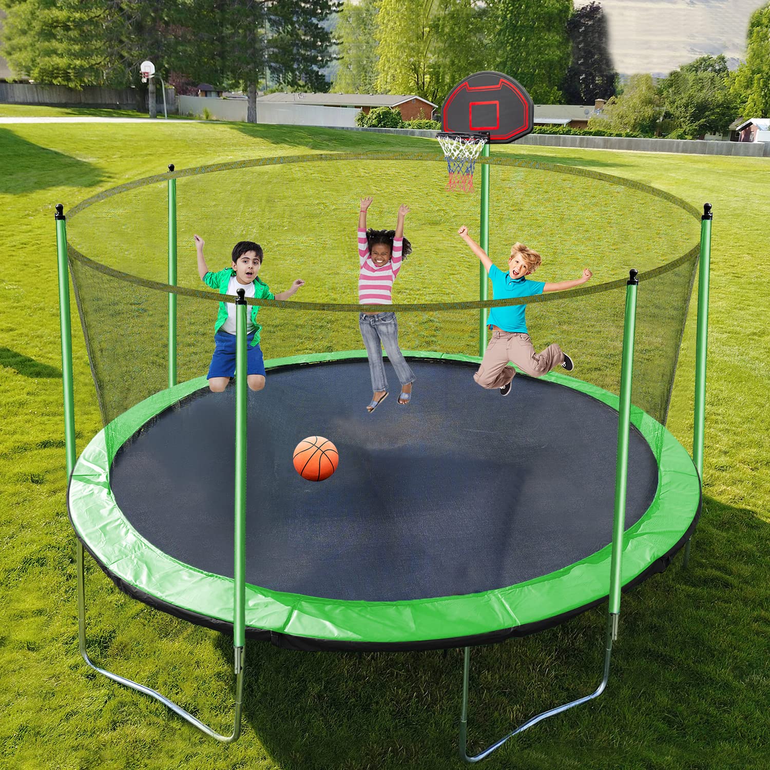 Pvillez 1500LBS 10FT 12FT 14FT 16FT Trampoline for Kids Adults with Basketball Hoop, Sprinkler, Disco Ball with Music Speaker, Outdoor Trampoline with Lights, Heavy Duty Trampoline with Enclosure Net - 12ft (Box 1 of 2 Only)