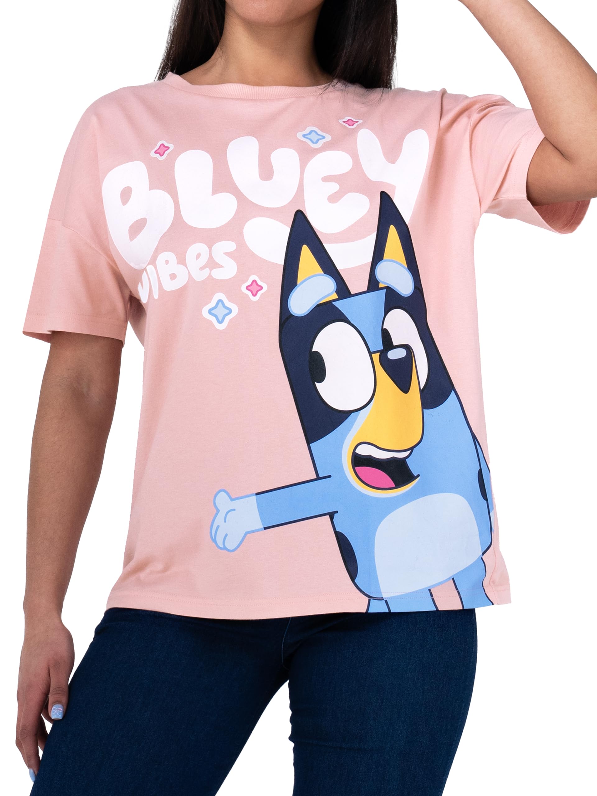 Bluey Damen Kurzarm T-Shirt | Offizielles Bluey-Merchandise mit Rosa-Blau-Glitzer-Print