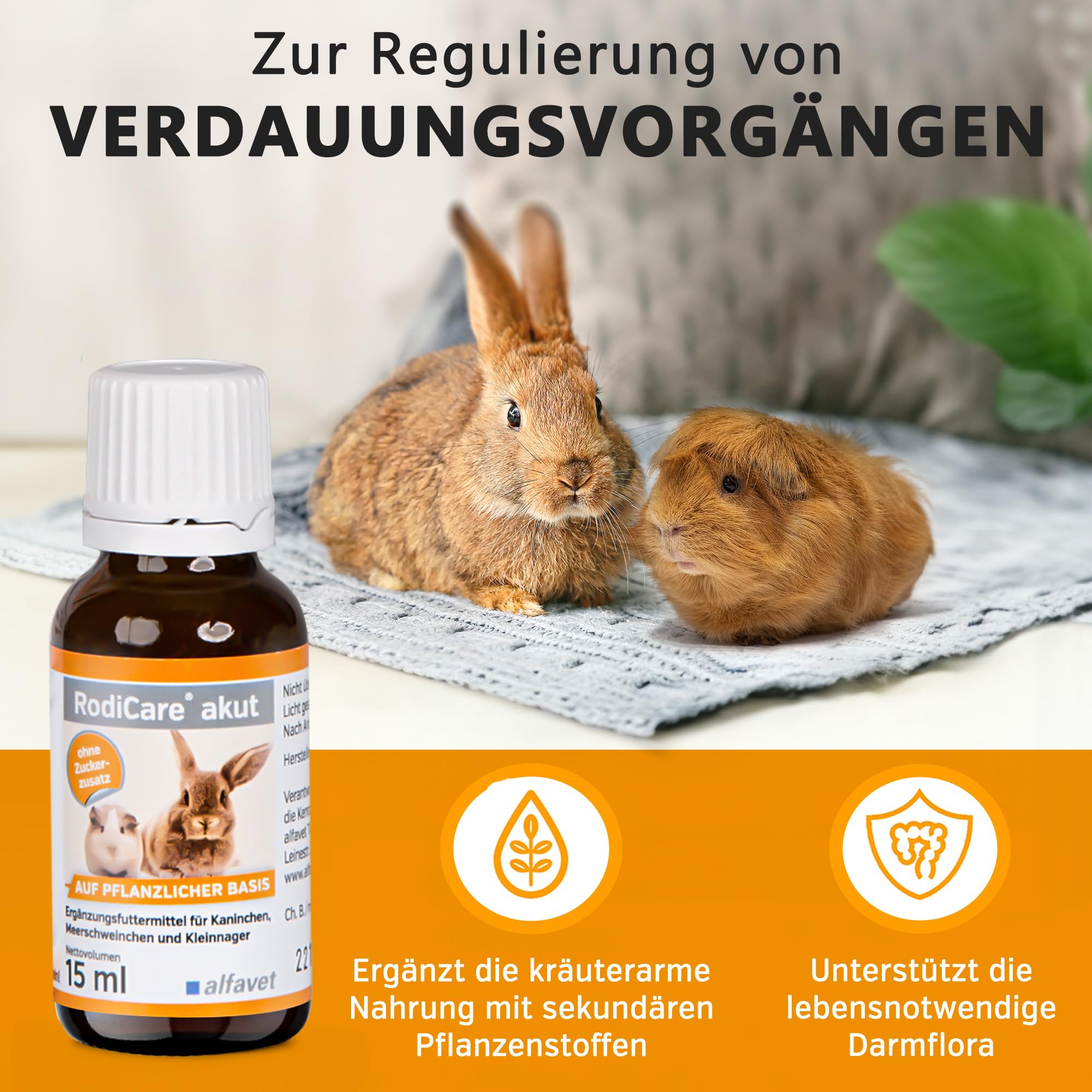 Alfavet RodiCare akut - Doppelpack 2 x 15ml - Ergänzungsfuttermittel zur Regulierung von Verdauungsvorgängen für Kaninchen, Meerschweinchen und Kleinnager
