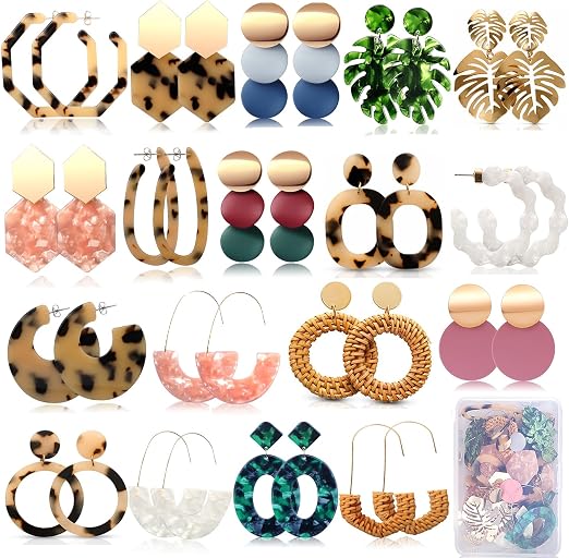 FIFATA 18 Pairs Vacation Statement Earrings for Women Straw Rattan Earrings Acrylic Resin Hoop Drop Dangle Earrings Set Hypoallergenic for Sensitive Ears