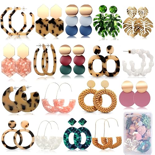 18 Pairs Vacation Statement Earrings for Women Straw Rattan Earrings