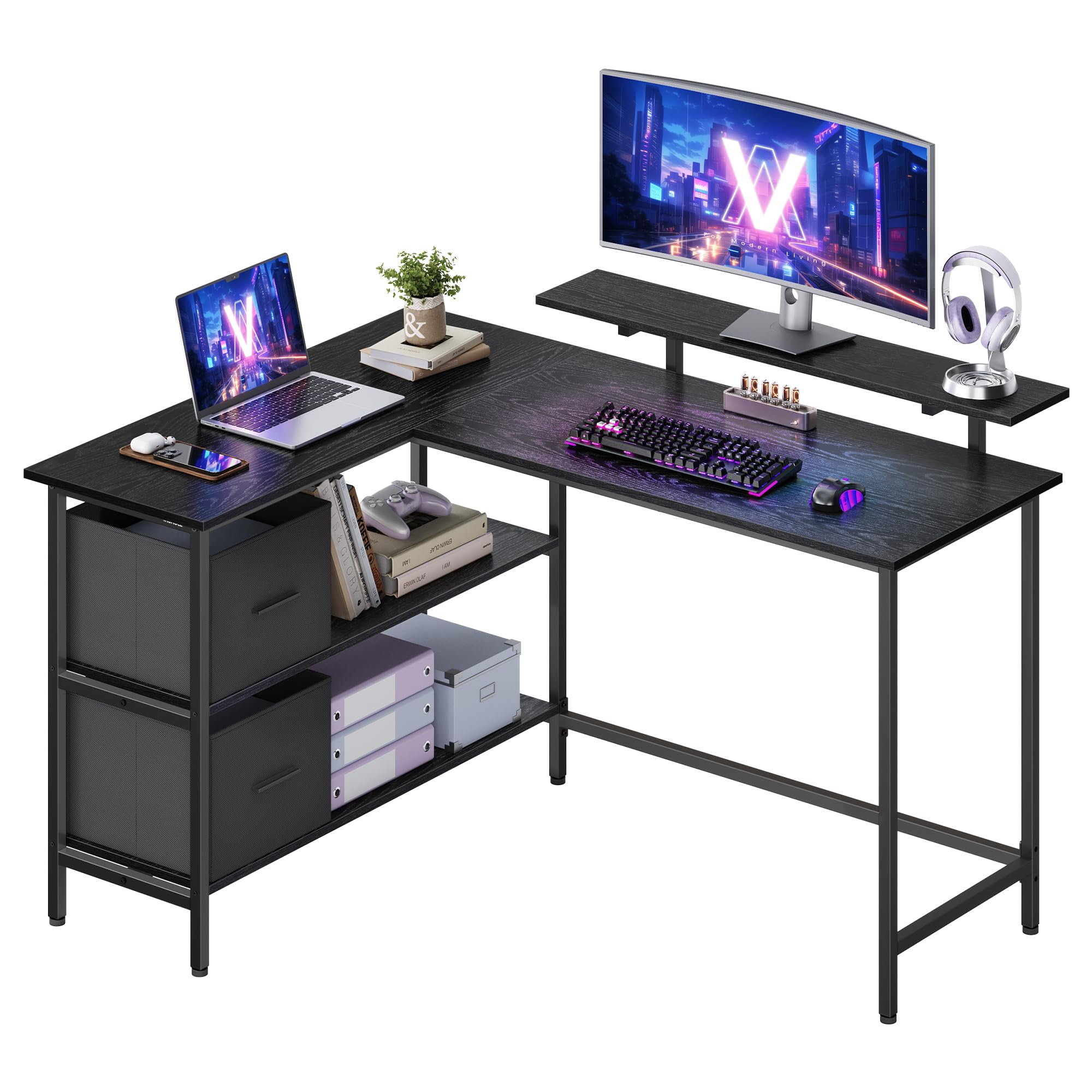 VASAGLE L-Shaped with 2 Spacious Drawers, Gaming Desk with Monitor Stand, Corner, Computer with Adjustable Storage Shelf, for Home Office, Ebony Black LWD098B56